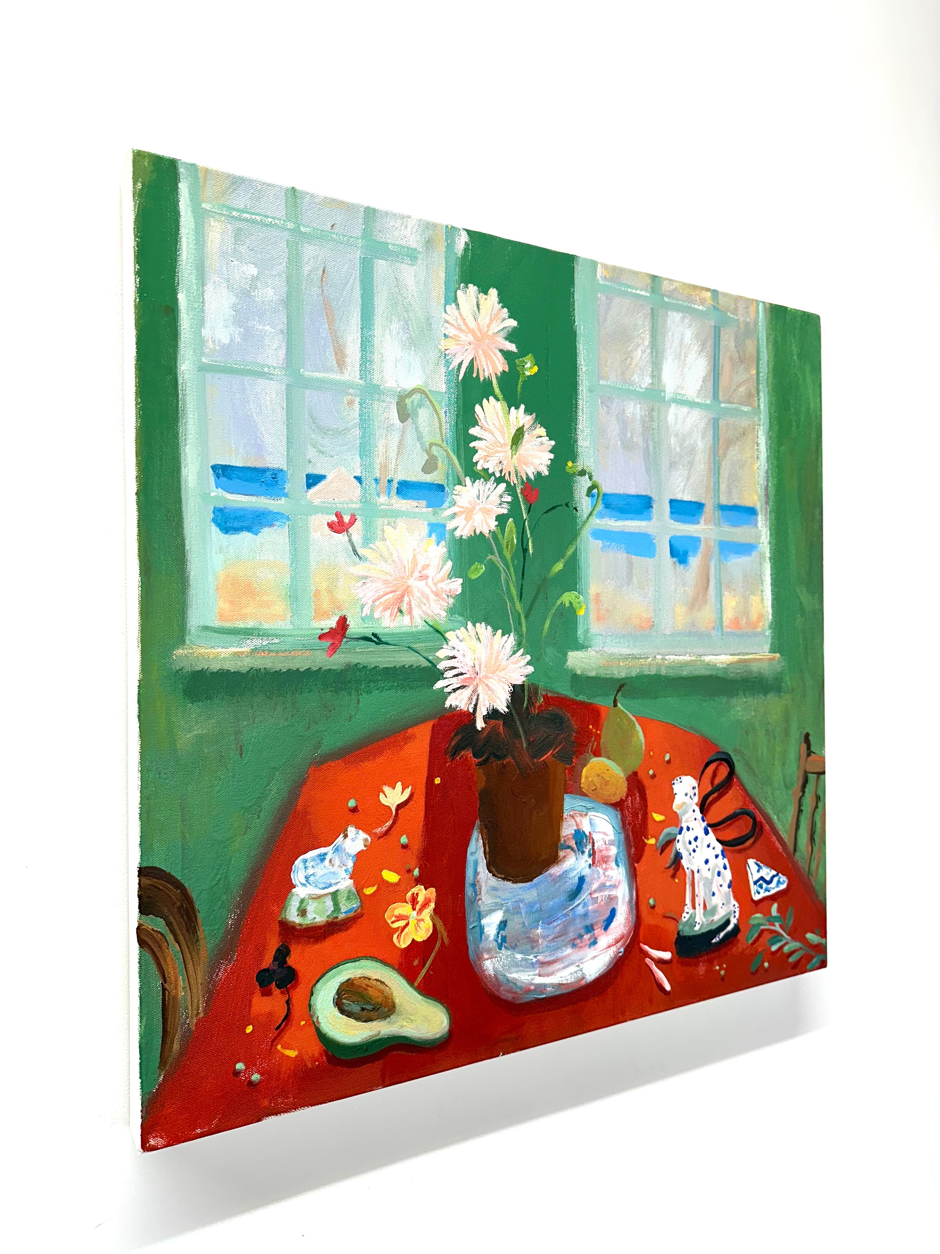 Porcelain Red - Lake Landscape Window Flowers Fruit Botanical Still Life, 2024 en venta 6
