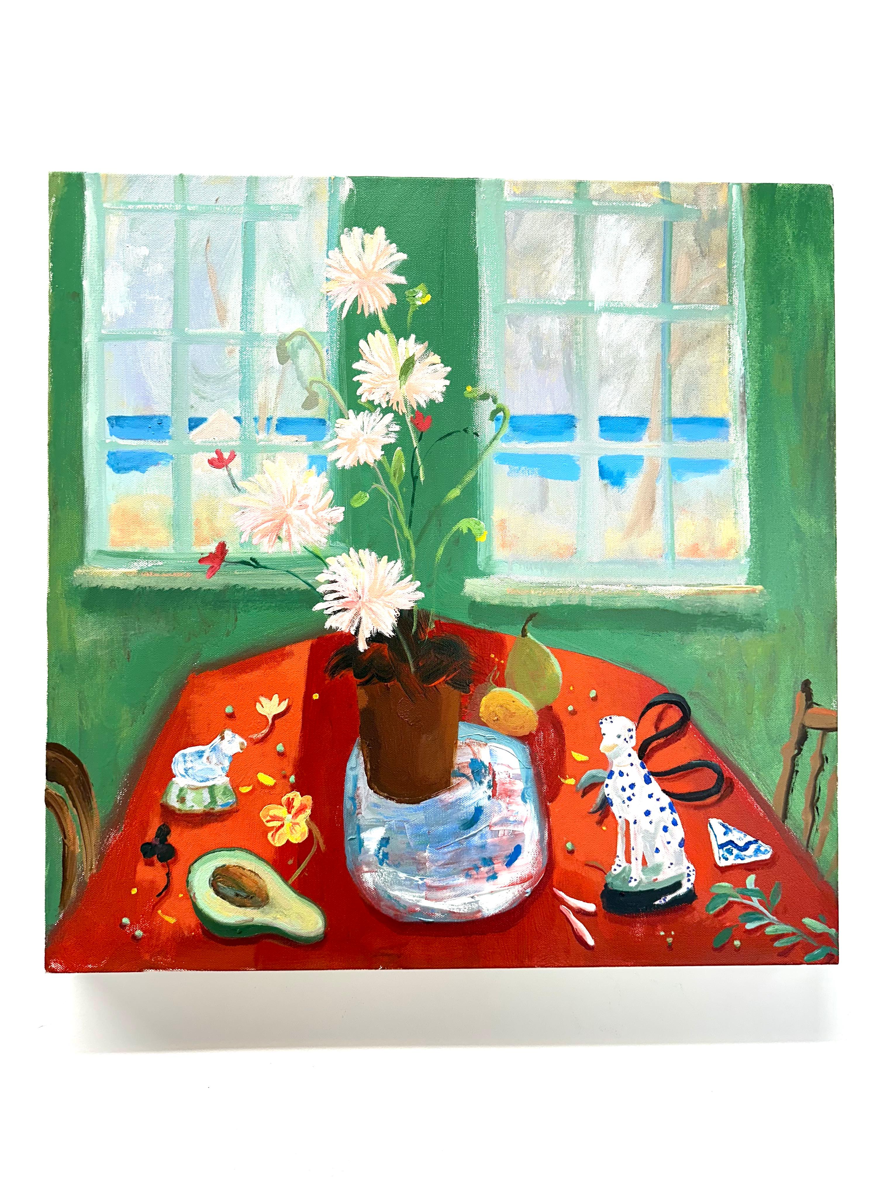 Porcelain Red - Lake Landscape Window Flowers Fruit Botanical Still Life, 2024 - Painting de Melanie Parke