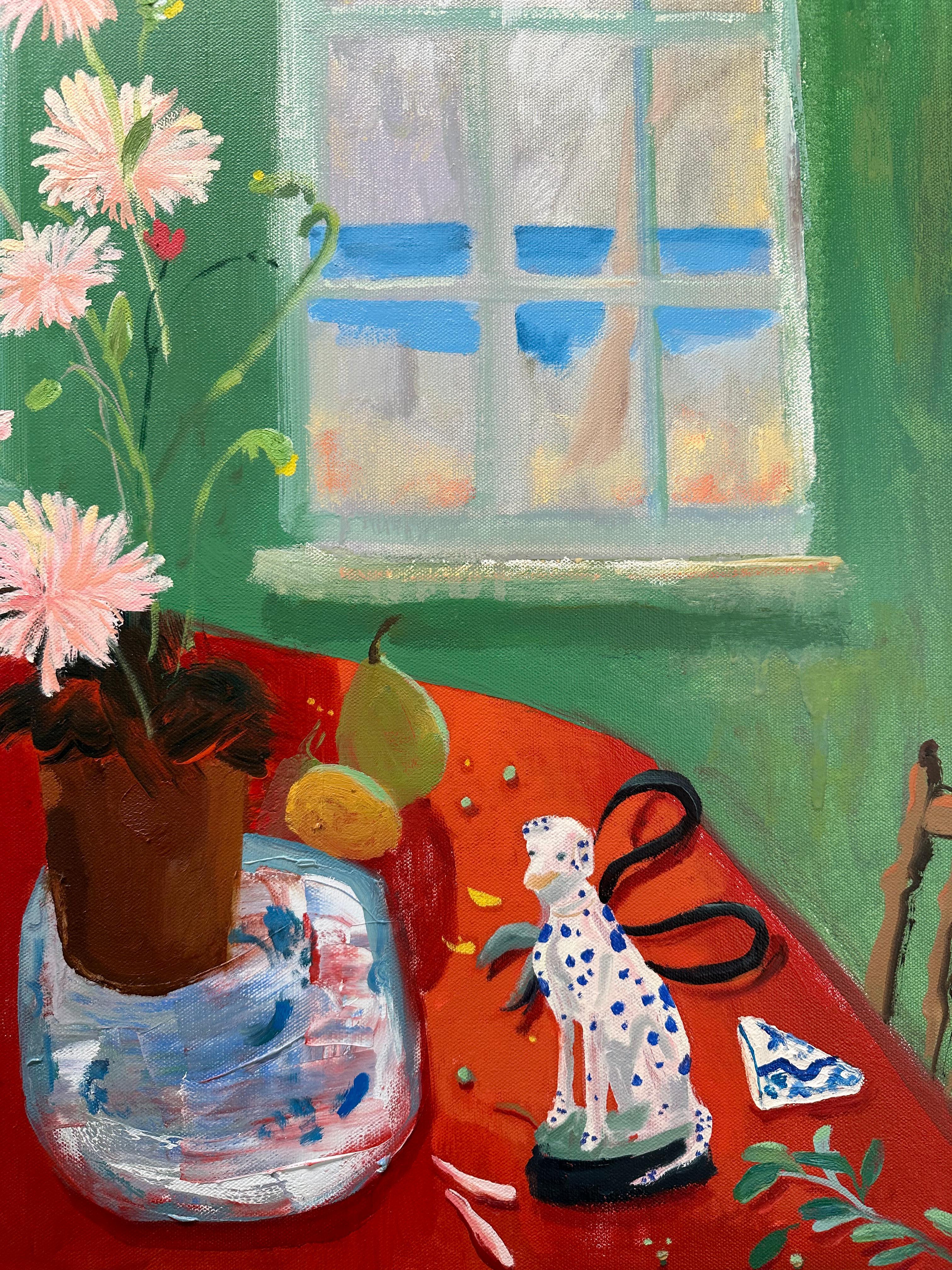 Porcelain Red - Lake Landscape Window Flowers Fruit Botanical Still Life, 2024 - Painting Contemporáneo de Melanie Parke