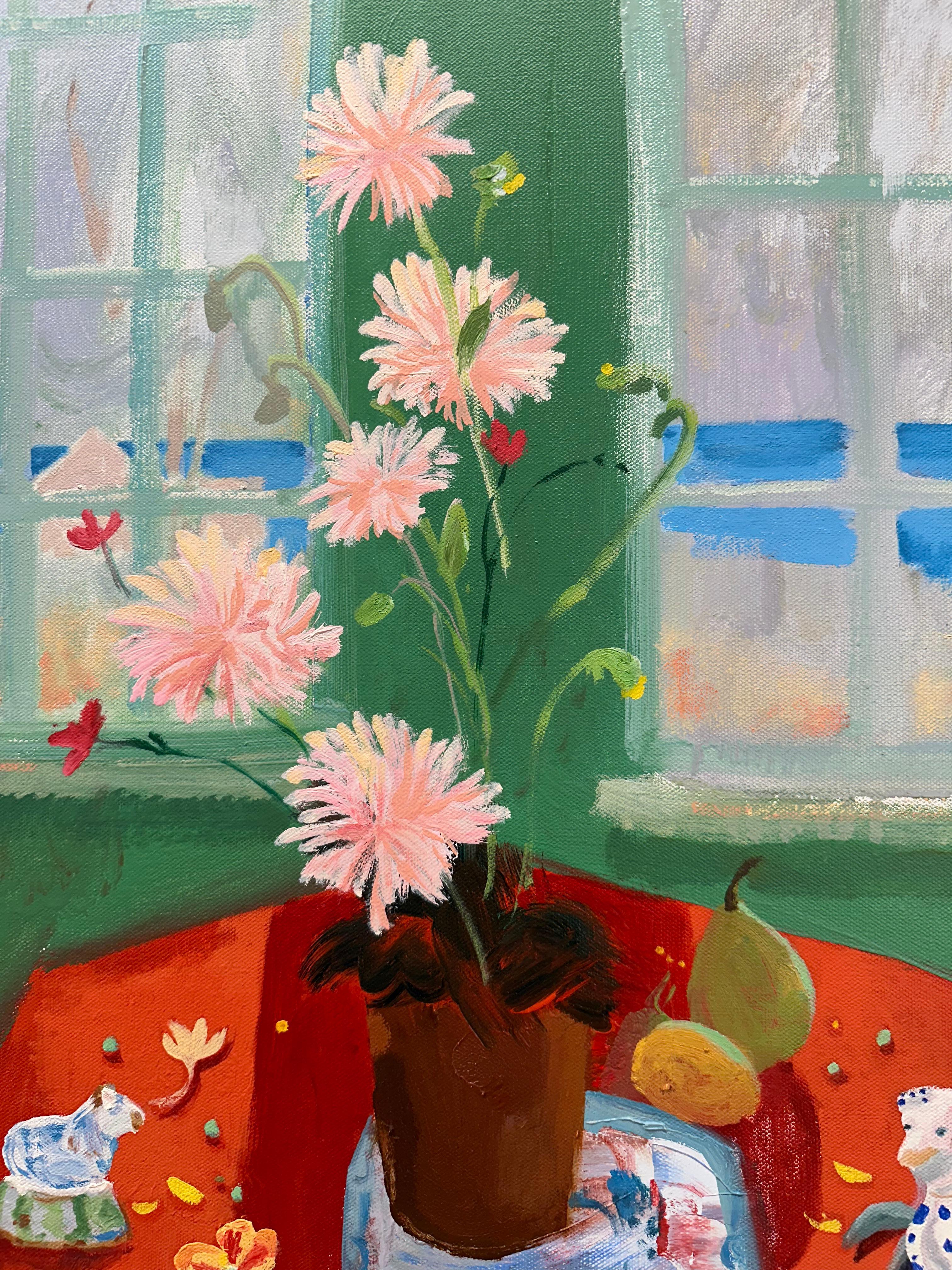 Porcelain Red - Lake Landscape Window Flowers Fruit Botanical Still Life, 2024 - Interior Painting Blanco de Melanie Parke