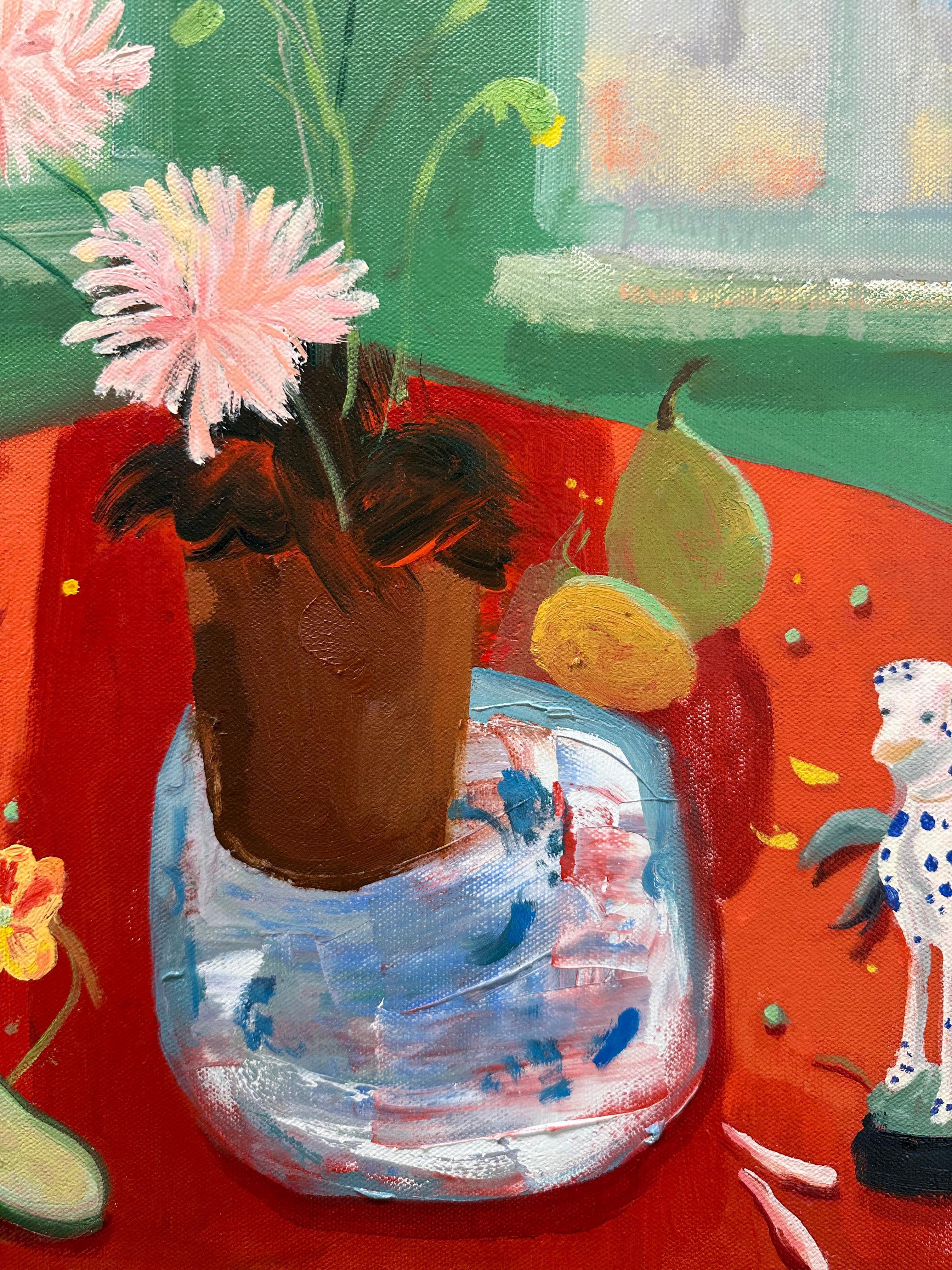 Porcelain Red - Lake Landscape Window Flowers Fruit Botanical Still Life, 2024 en venta 1