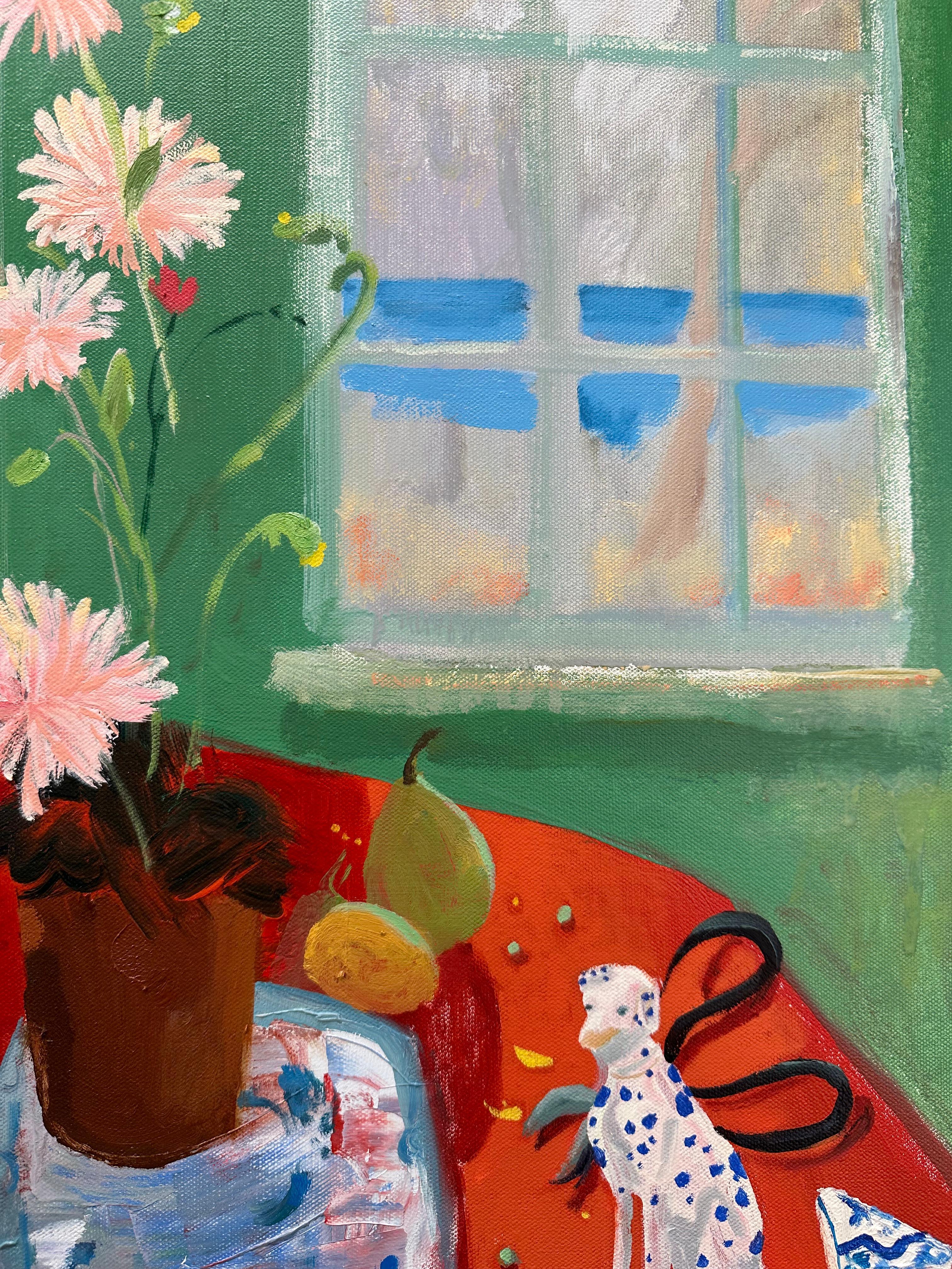 Porcelain Red - Lake Landscape Window Flowers Fruit Botanical Still Life, 2024 en venta 3