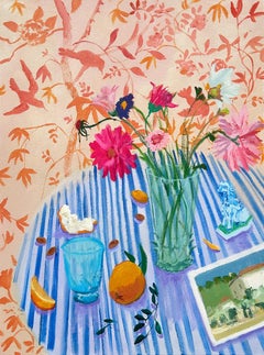 Postcard from Morandi - Still Life Stripes Flowers Orange Fruit Peach Bird, 2024