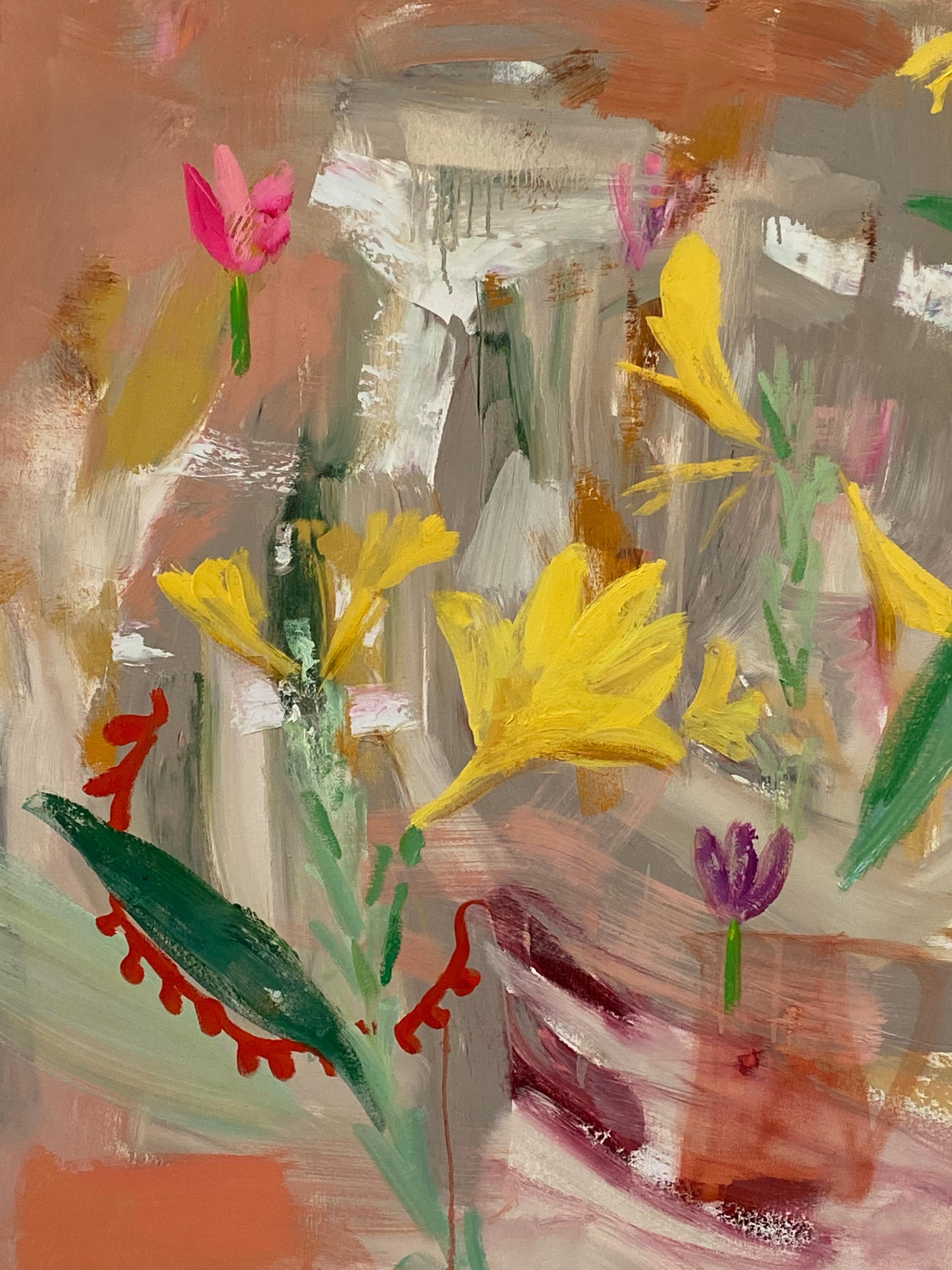 Lively abstract brushwork in bright pink, yellow, purple and lush green against a peach, pink, red, burgundy, white and gray background suggests flowers and botany. Signed, dated and titled on verso.

Pastoral and bucolic still life settings emerge