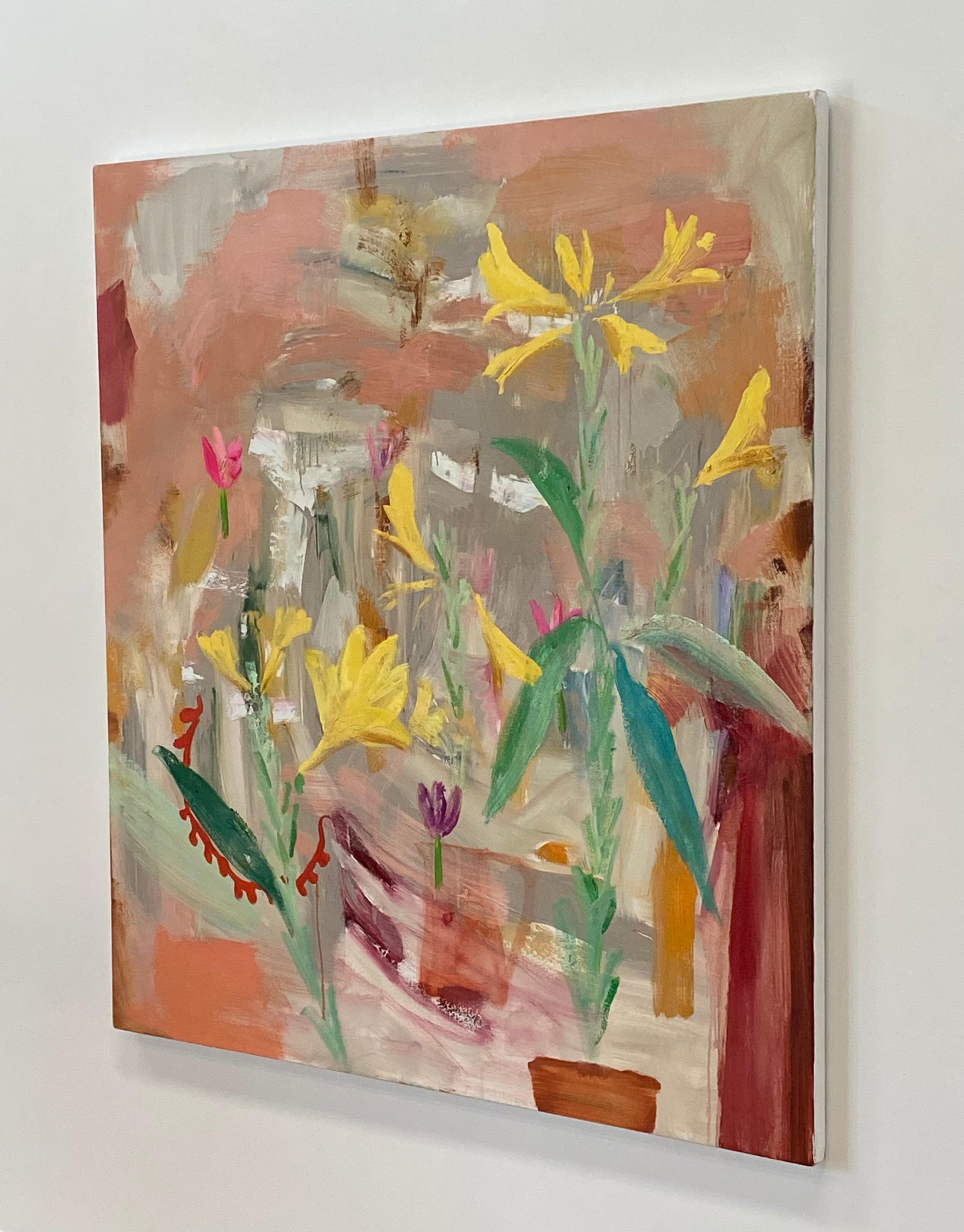 Prima Porta - Fiori di giglio giallo verde rosso pesca rosa astratto botanico, 2021 in vendita 5
