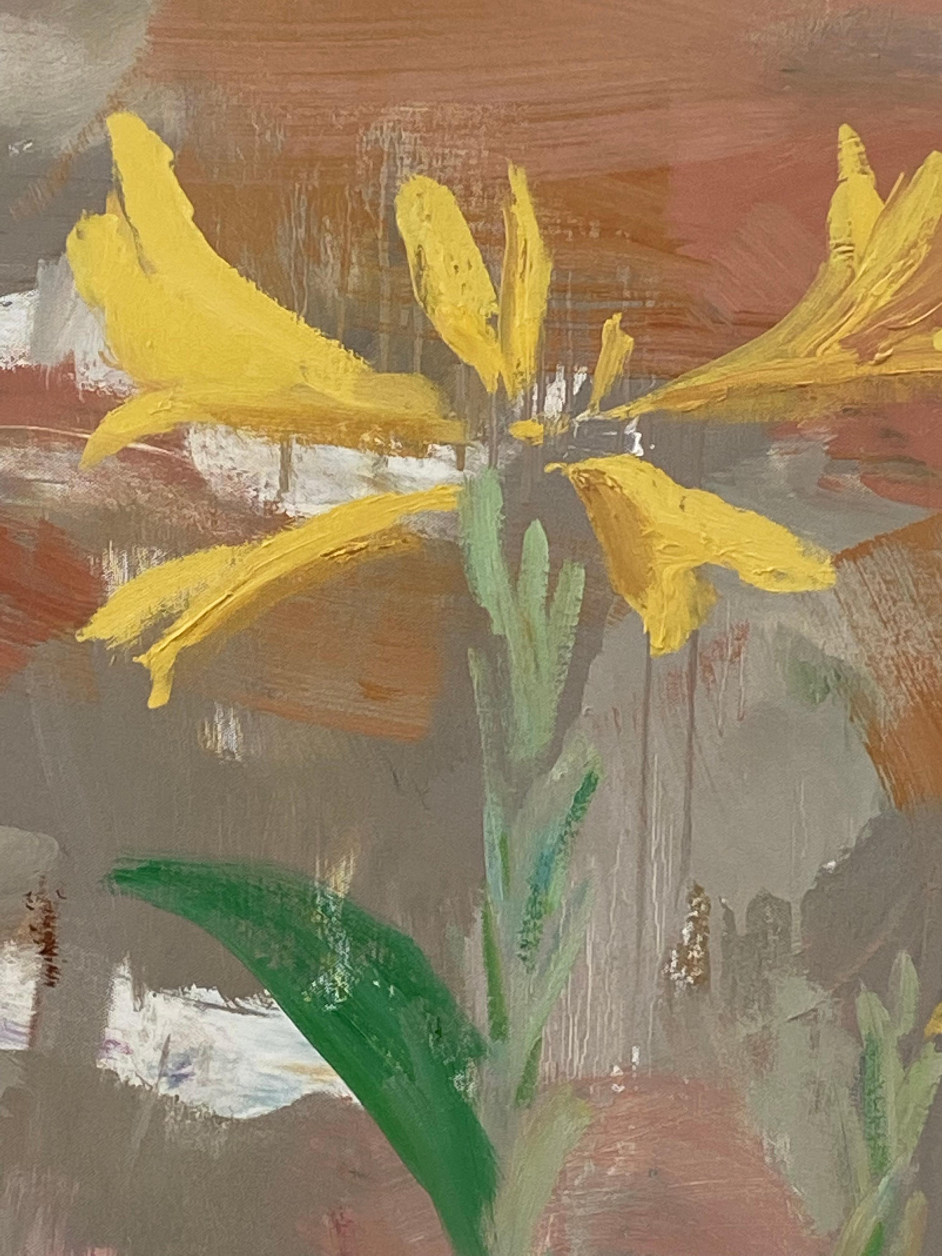 Prima Porta - Fiori di giglio giallo verde rosso pesca rosa astratto botanico, 2021 in vendita 2
