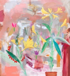 Prima Porta - Fiori di giglio giallo verde rosso pesca rosa astratto botanico, 2021