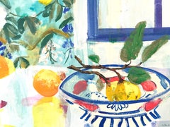 "Quince Bowl"  Colorful Matisse-like interior/still life, birds, fruit, flowers