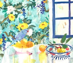 "Quince Bowl"  Colorful Matisse-like interior/still life, birds, fruit, flowers