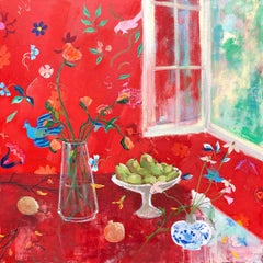 "Raspberry Jam" Interior/Still Life, Red Wall/Table, Bird, Flower, Lime, Window