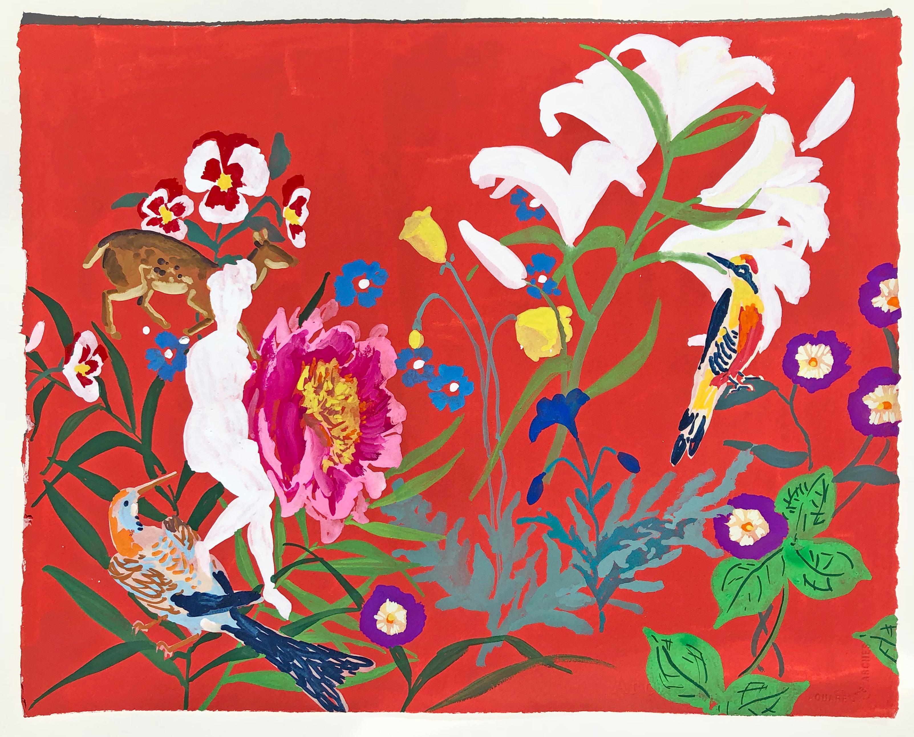 Melanie Parke Landscape Painting – Rotes Fawn, Gemälde von Blumen, Vögeln, Schwan auf dunkel marineblauem Hintergrund