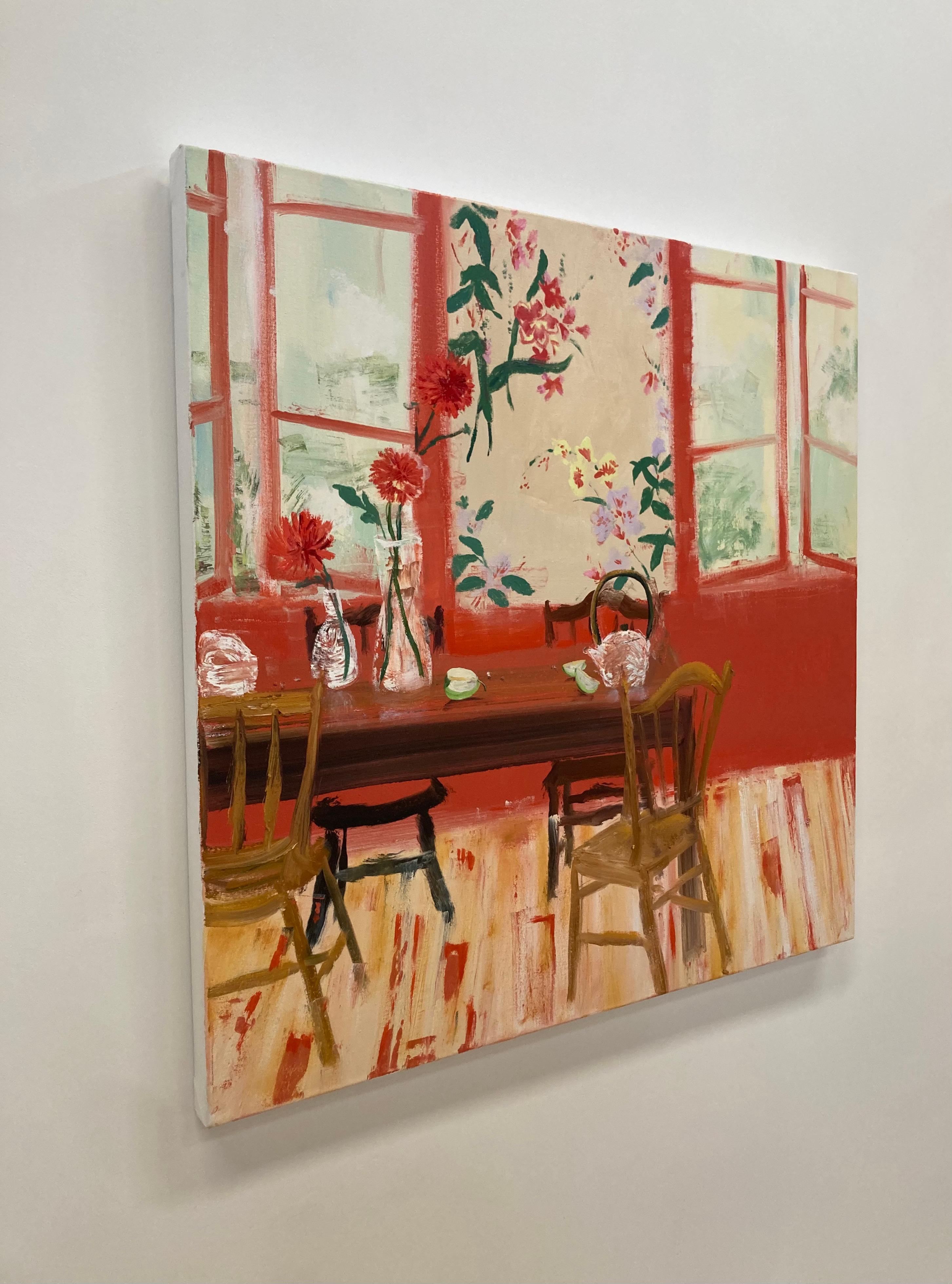 Red Tea, Interior, Botanical Still Life, Red Dining Room, Yellow, Red Flowers - Contemporary Painting by Melanie Parke
