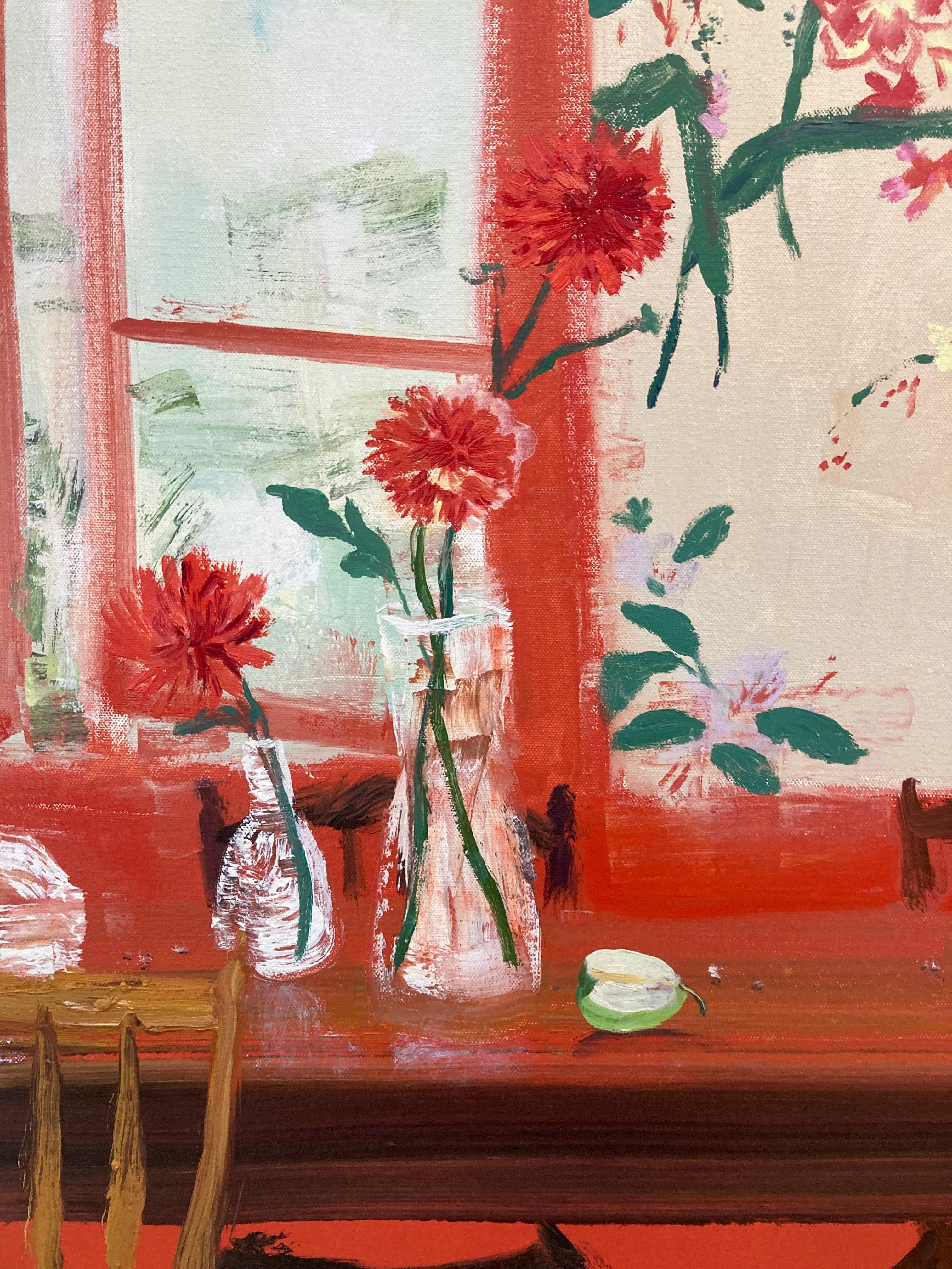 Red Tea, Interior, Botanical Still Life, Red Dining Room, Yellow, Red Flowers For Sale 1