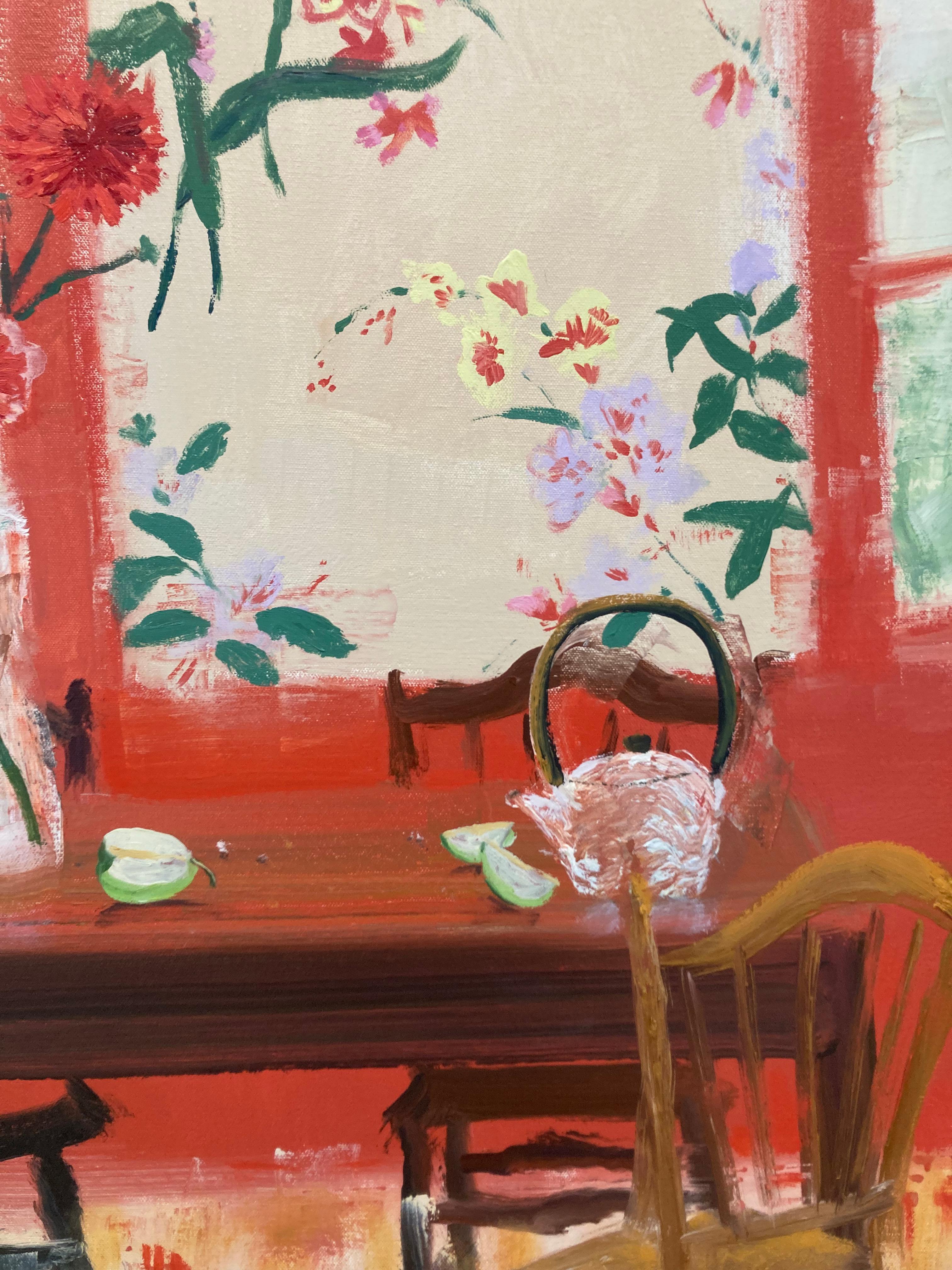 Red Tea, Interior, Botanical Still Life, Red Dining Room, Yellow, Red Flowers For Sale 2