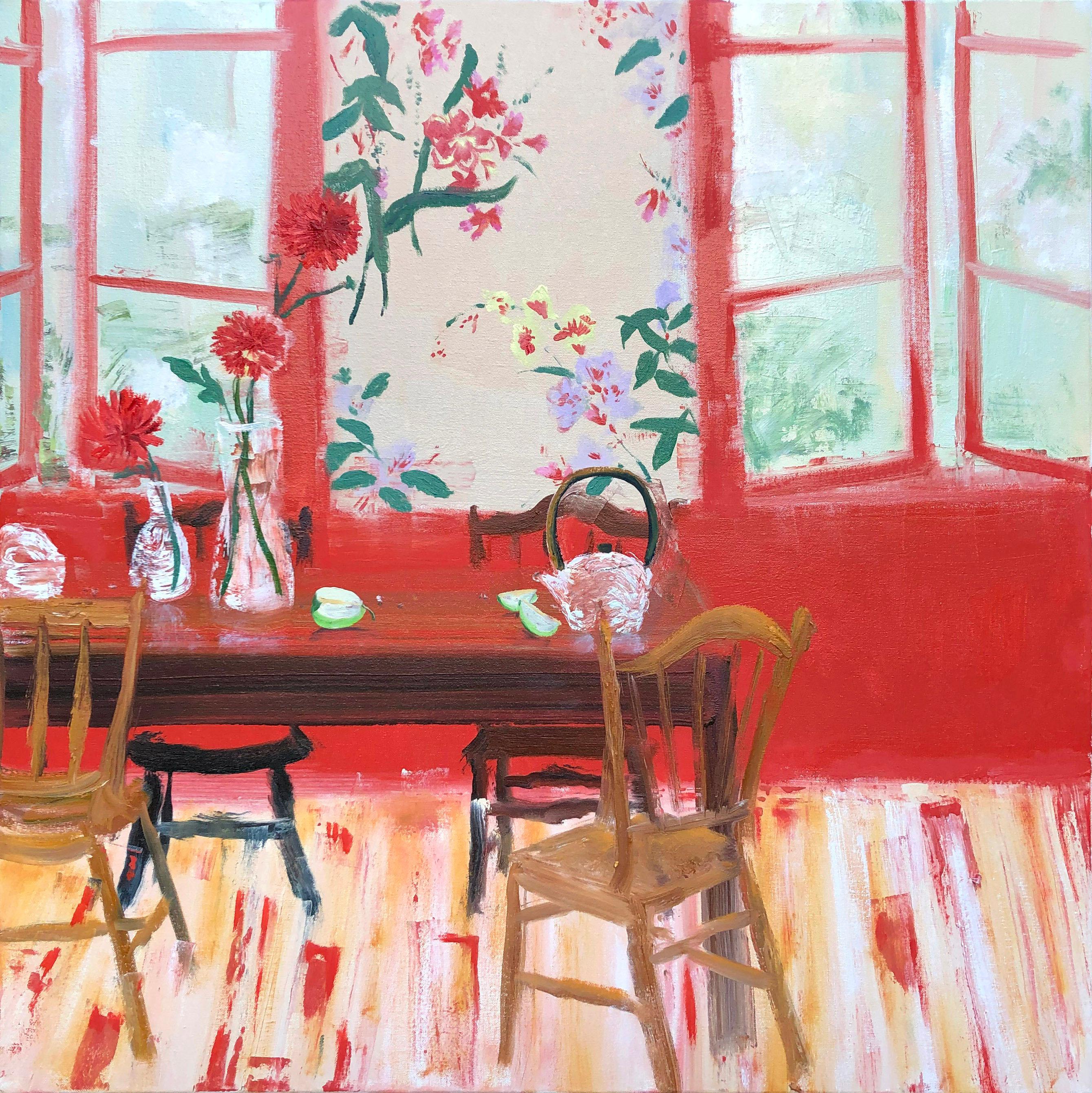 Melanie Parke Still-Life Painting - Red Tea, Interior, Botanical Still Life, Red Dining Room, Yellow, Red Flowers