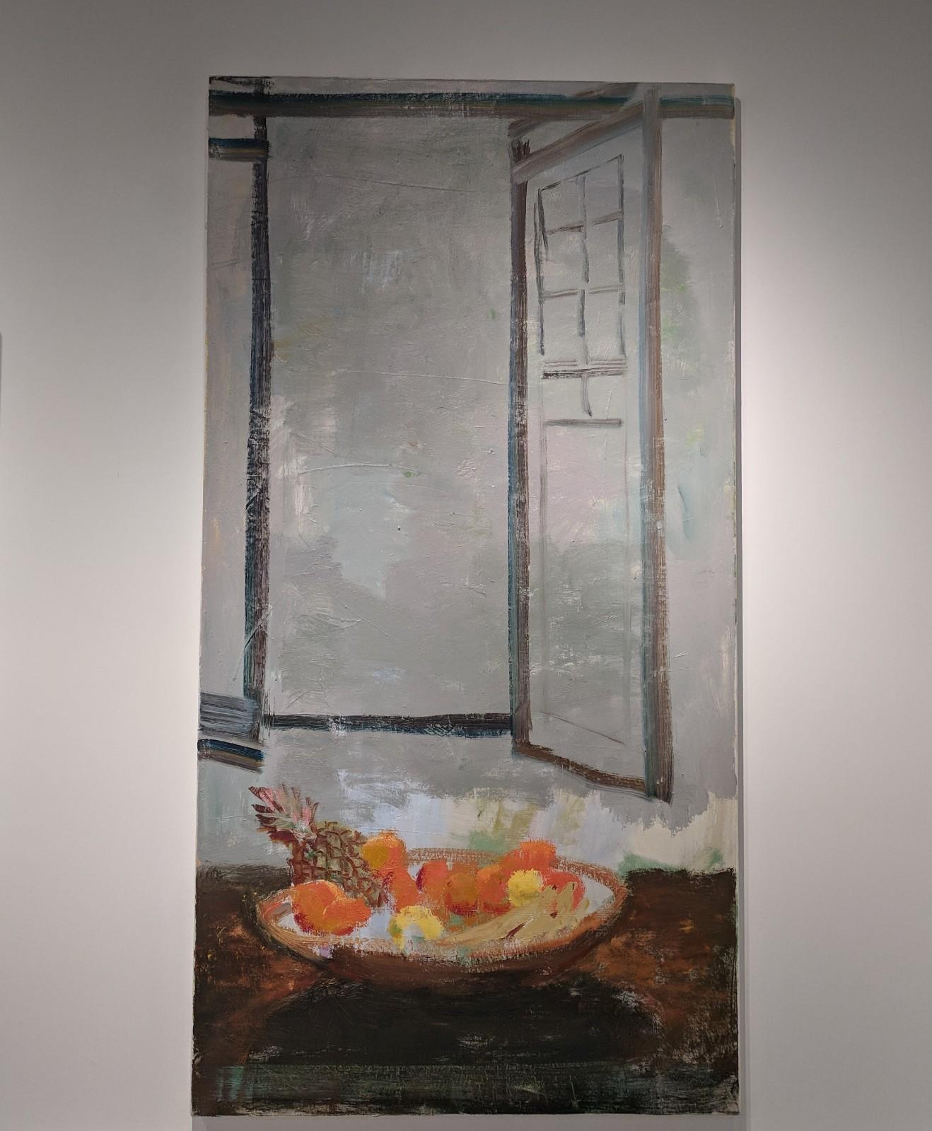 Rustic Window, Fruit Still Life, Interior in Gray, Brown, Yellow, Orange - Painting by Melanie Parke