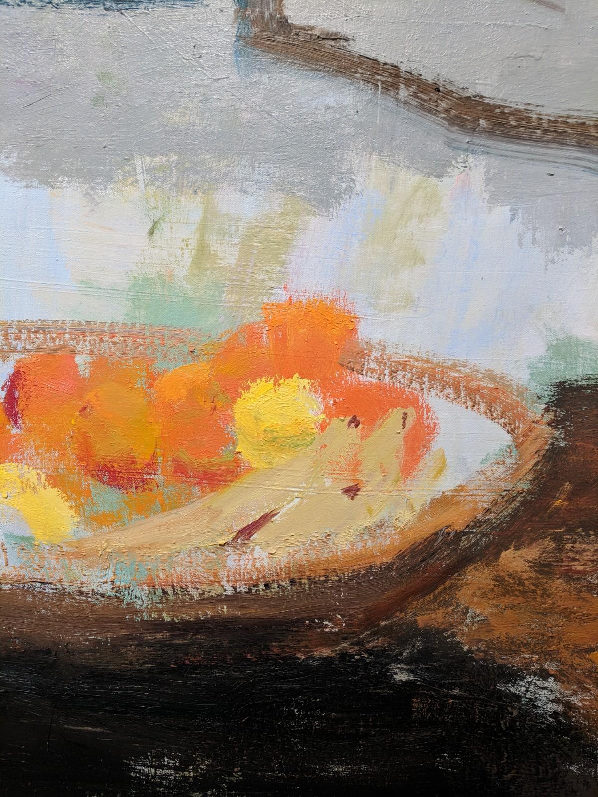 Rustic Window, Fruit Still Life, Interior in Gray, Brown, Yellow, Orange - Contemporary Painting by Melanie Parke