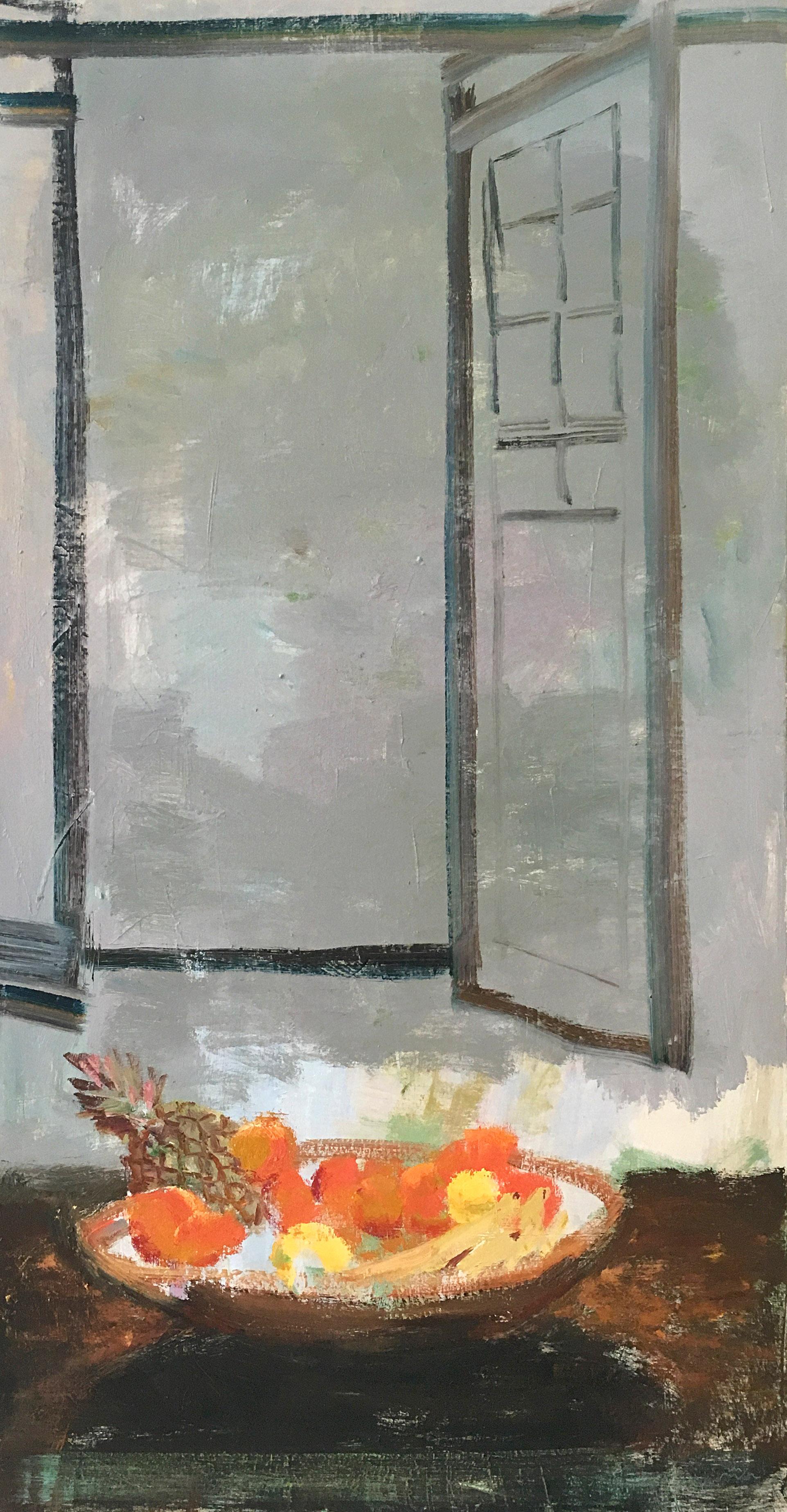 Melanie Parke Still-Life Painting - Rustic Window, Fruit Still Life, Interior in Gray, Brown, Yellow, Orange
