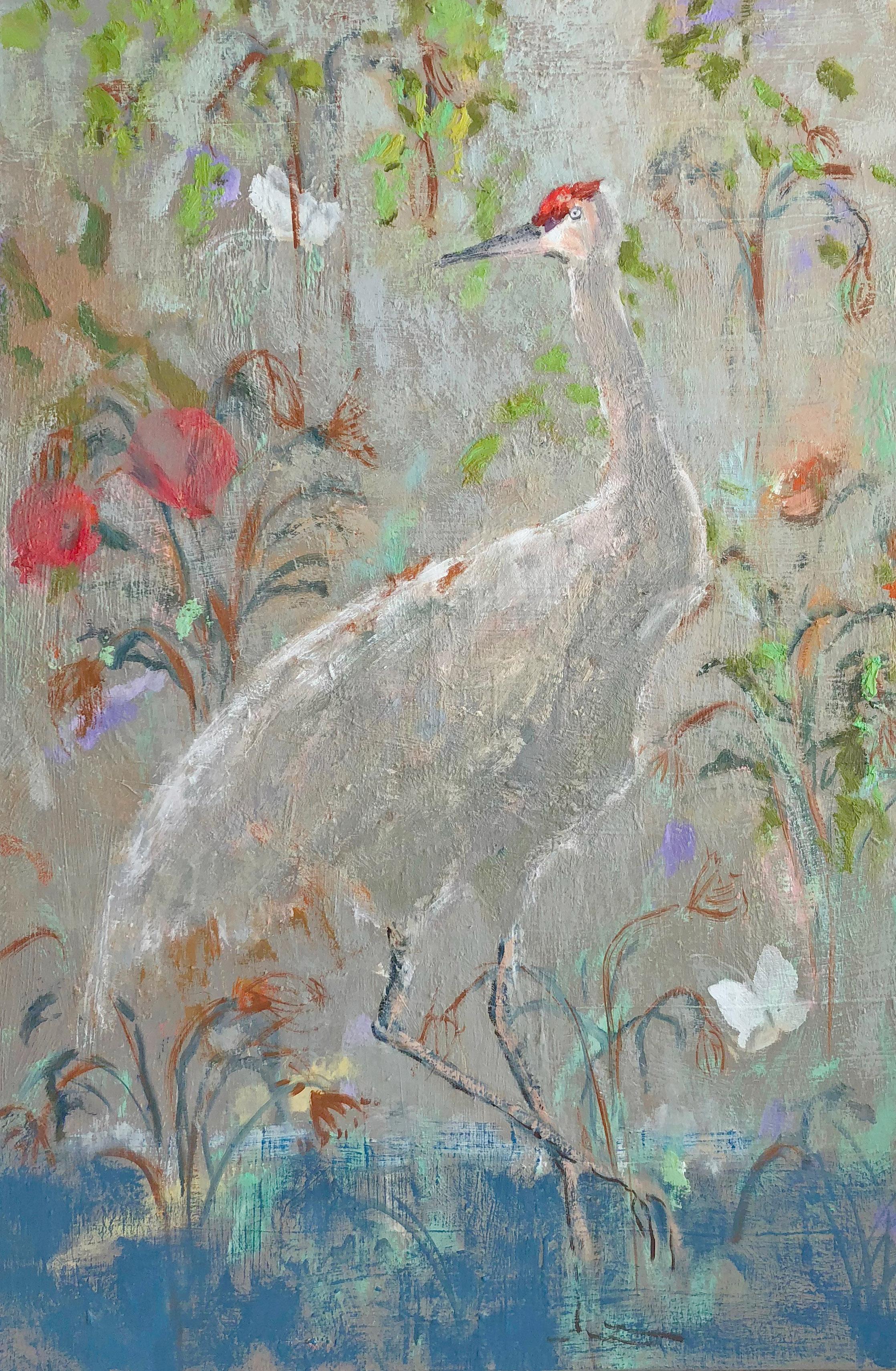 Melanie Parke Landscape Painting - Sandhill, White and Grey Bird with Multicolored Butterflies and Tropical Flowers