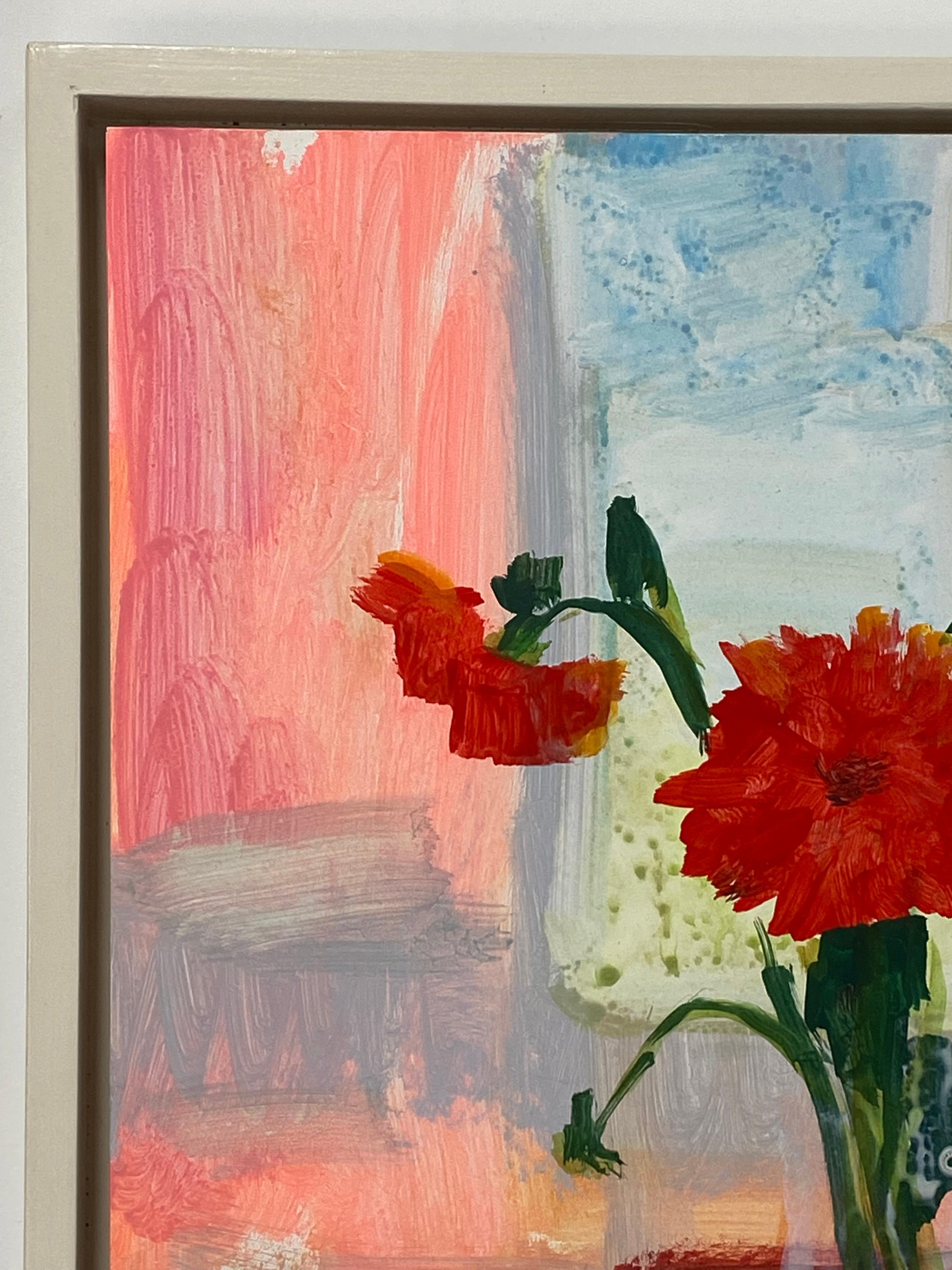 Dahlia écarlate, peinture botanique carrée, nature morte, rouge, rose, bleu, Brown - Rouge Still-Life Painting par Melanie Parke