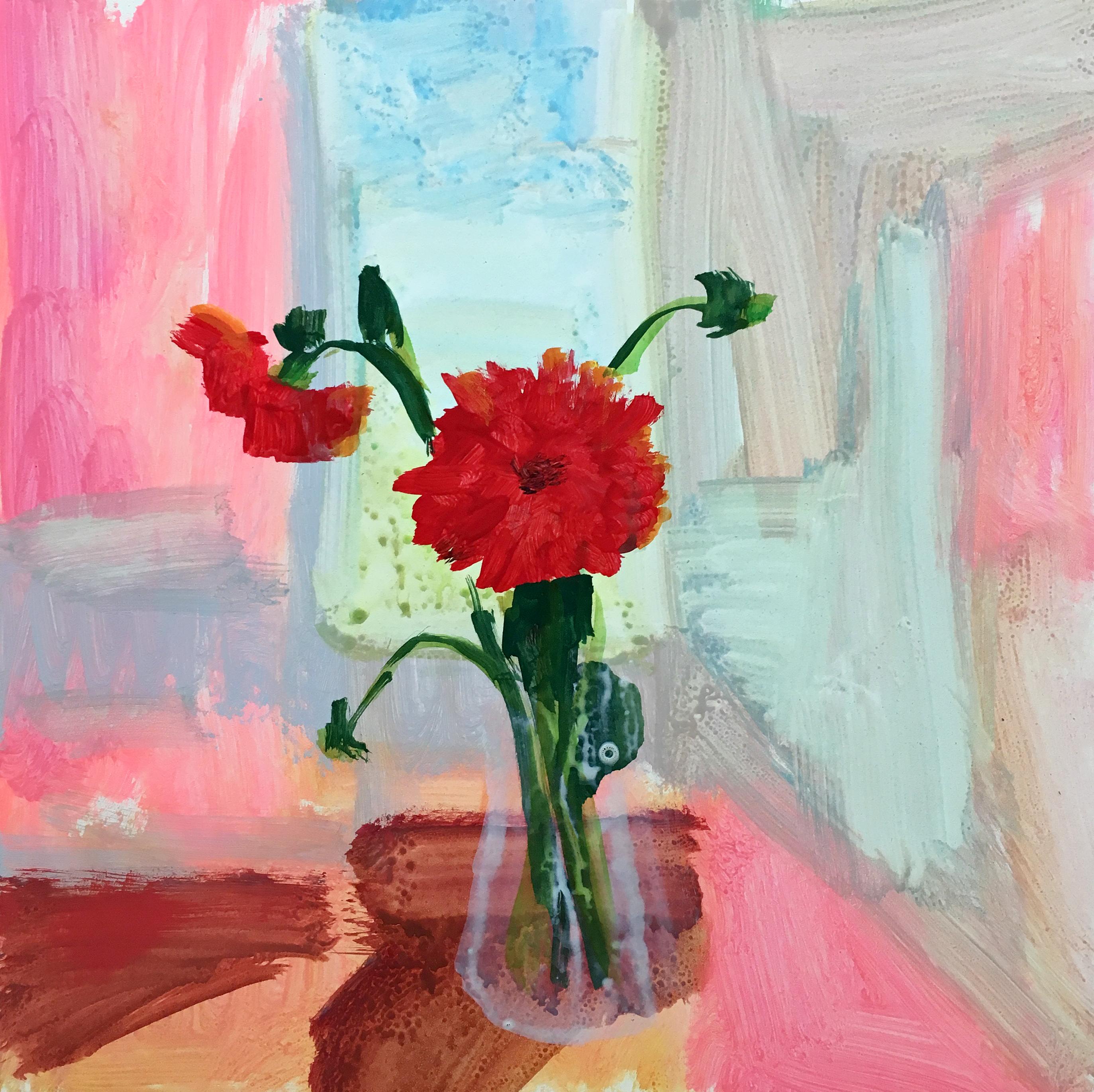 Melanie Parke Still-Life Painting - Scarlet Dahlia, Square Botanical Painting, Still Life, Red, Pink, Blue, Brown