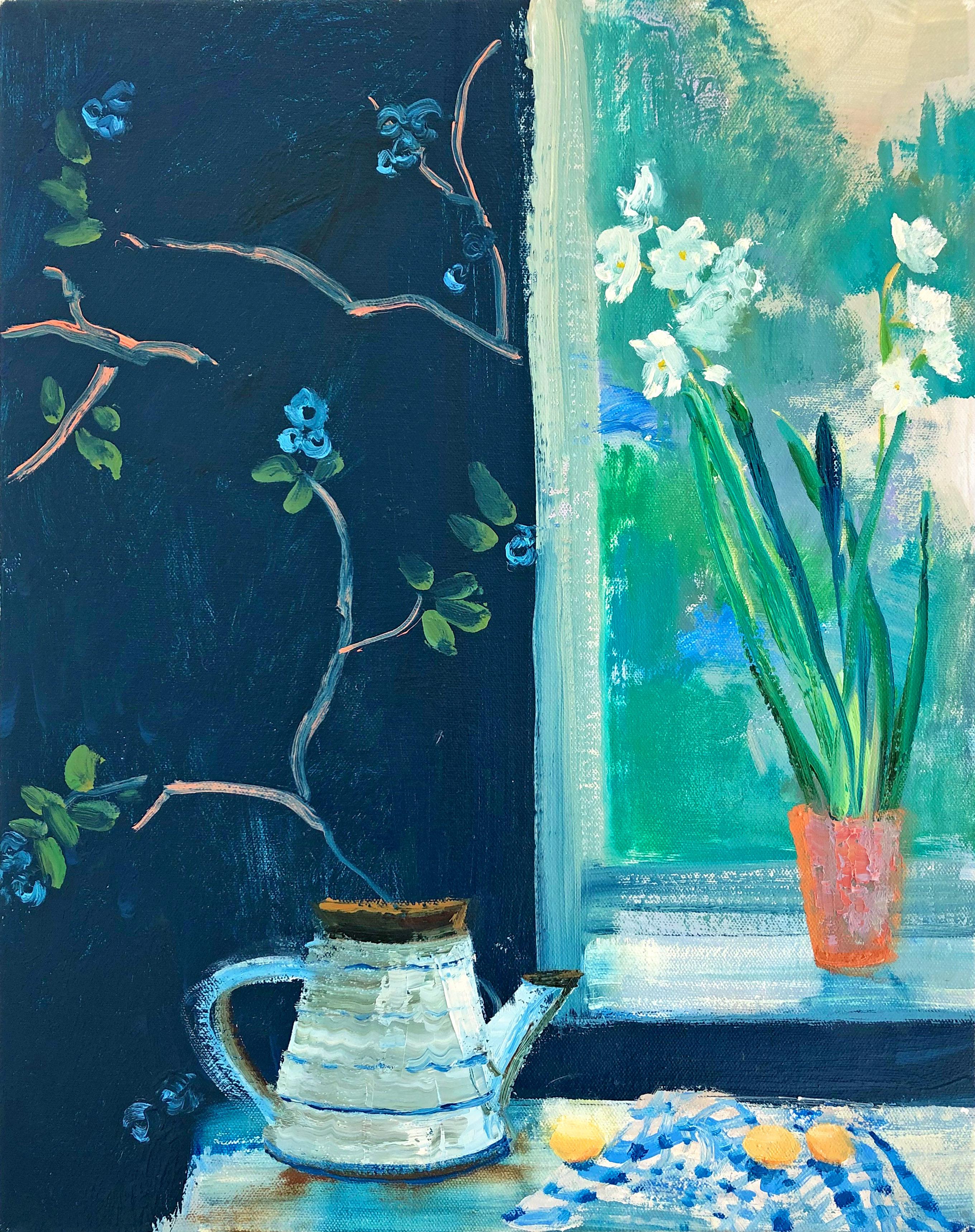 Melanie Parke Still-Life Painting - Spring Bulbs, green and blue still life painting oil on canvas 