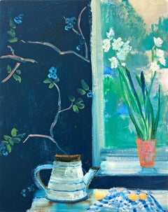 Spring Bulbs, green and blue still life painting oil on canvas 