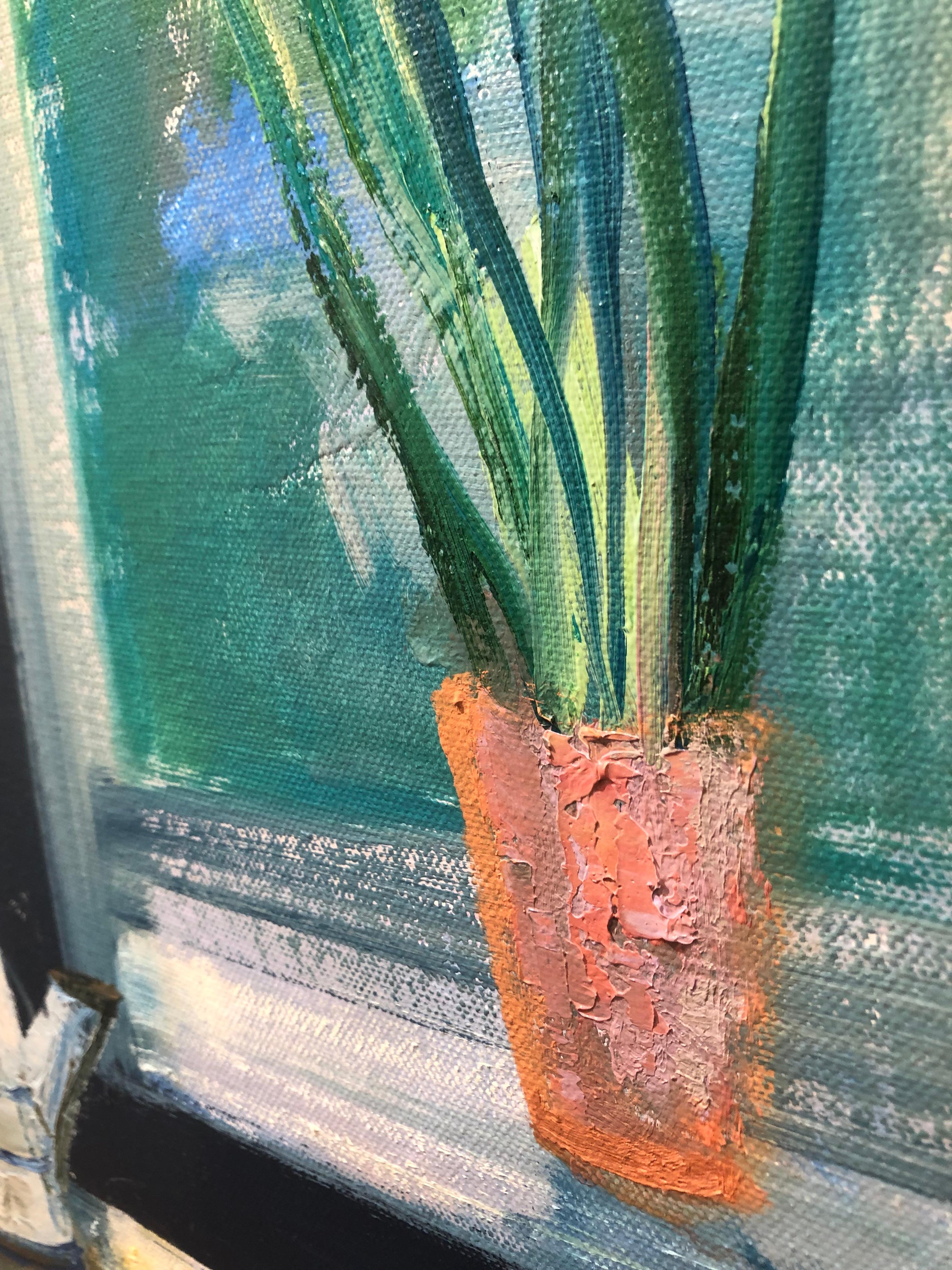 Spring Bulbs impressionist interior and still life painting - Blue Still-Life Painting by Melanie Parke