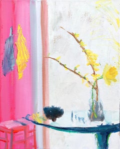 Spring Sprig, Botanical Still Life with Yellow Forsythia, Daffodil Flowers, Pink