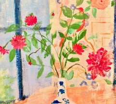 "Summer Peacock"  Interior Still Life,  Bright Flowers, Blue/White Vases, Window