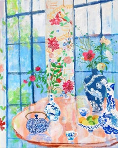 "Summer Peacock"  Interior Still Life,  Bright Flowers, Blue/White Vases, Window