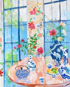 "Summer Peacock" Interior Still Life, Bright Flowers, Blue/White Vases, Window