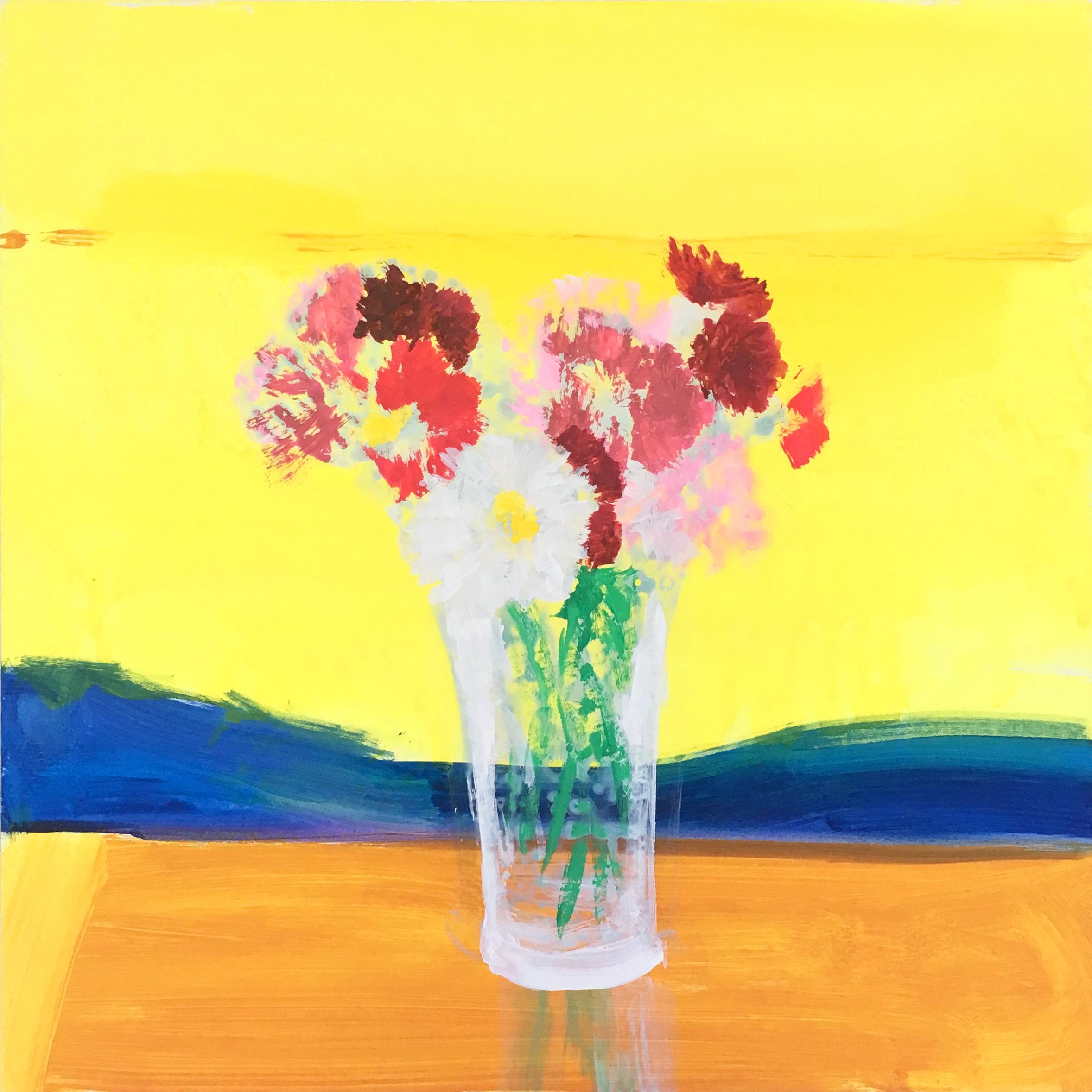 Melanie Parke Still-Life Painting – Sonnenaufgang Bouquet, leuchtend gelb, rosa, blau, kastanienbraun rote Blumen Gänseblümchen Botanical