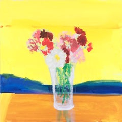 Sunrise Bouquet, Square Botanical Still Life, Yellow, Pink, Blue, Red Flowers