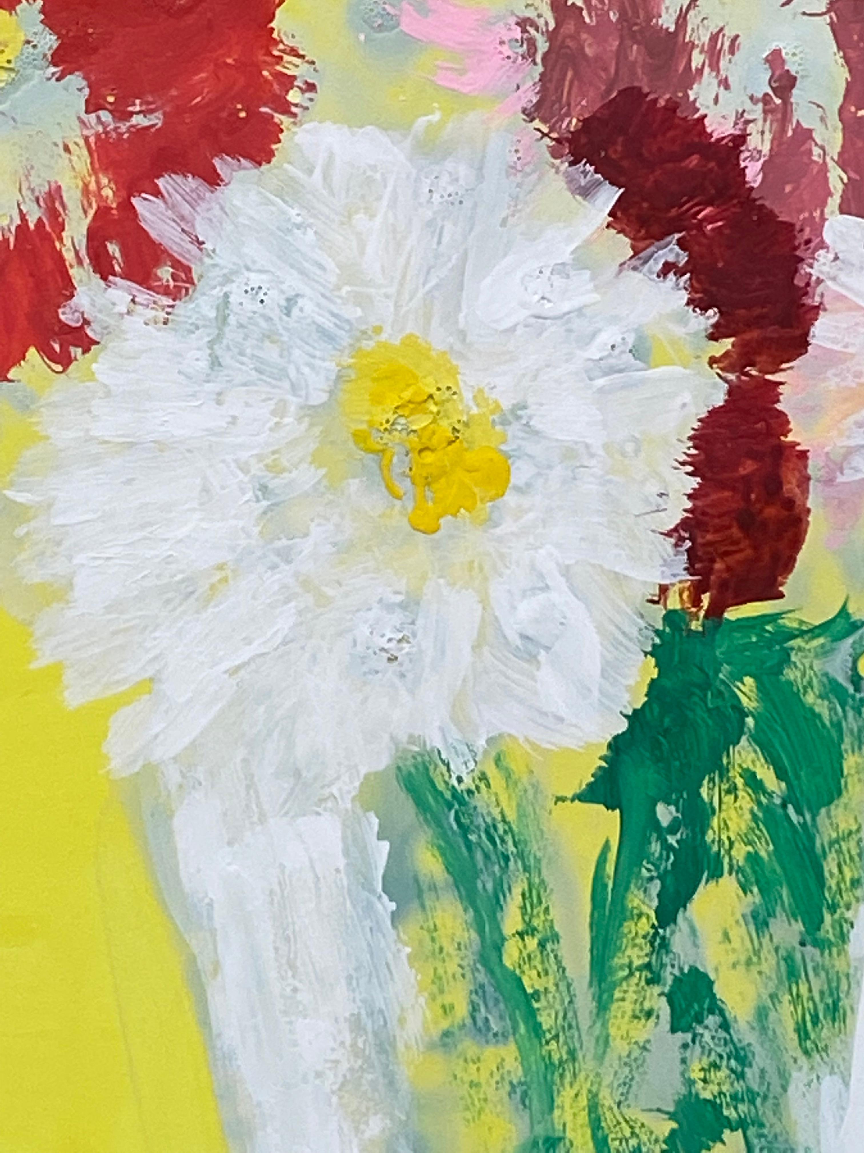 Sunrise Bouquet - Yellow Blue Botanical Still Life Painting Chrysanthemums, 2018 For Sale 2
