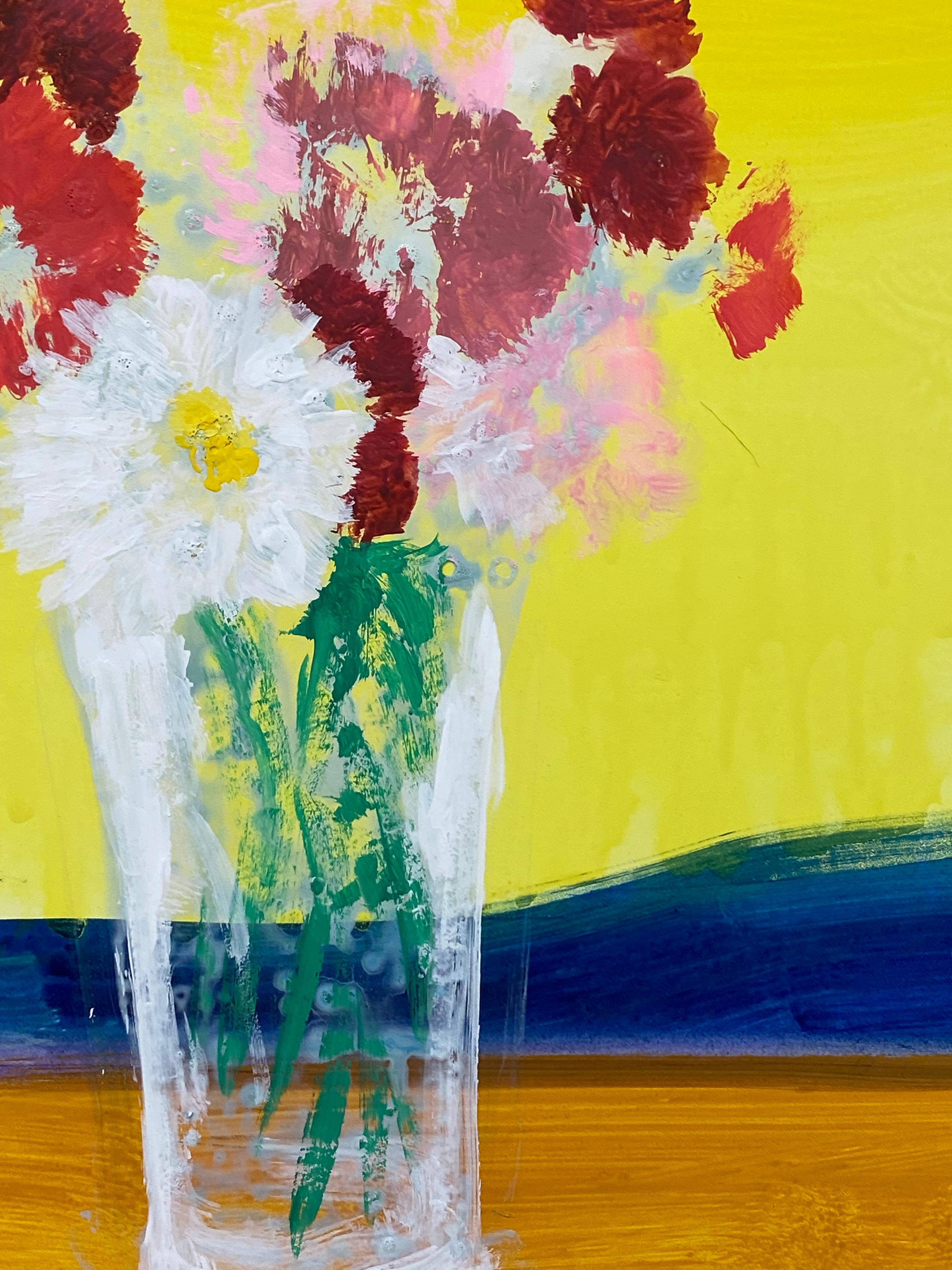 Sunrise Bouquet - Yellow Blue Botanical Still Life Painting Chrysanthemums, 2018 For Sale 3