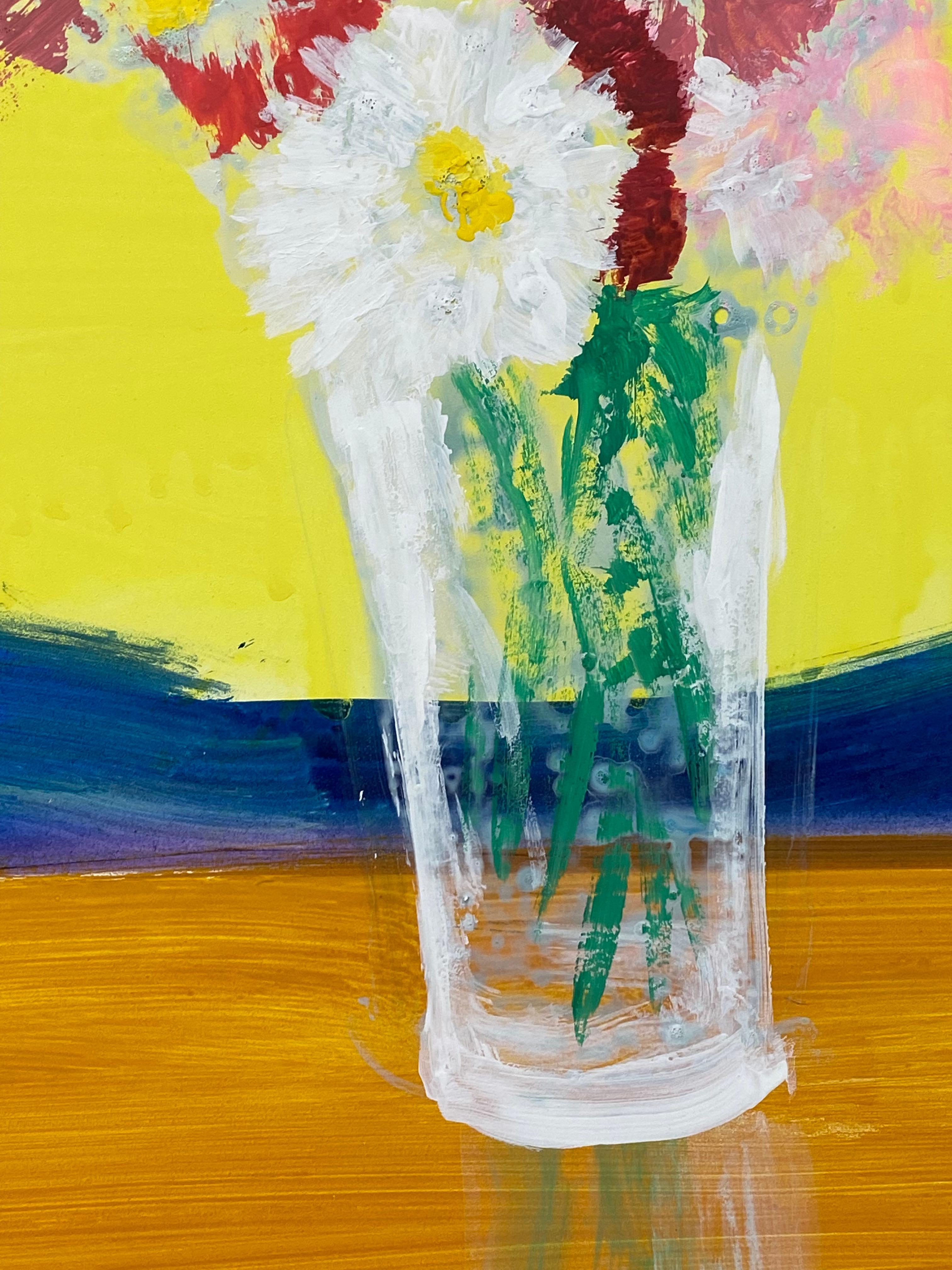 Sunrise Bouquet - Yellow Blue Botanical Still Life Painting Chrysanthemums, 2018 For Sale 4