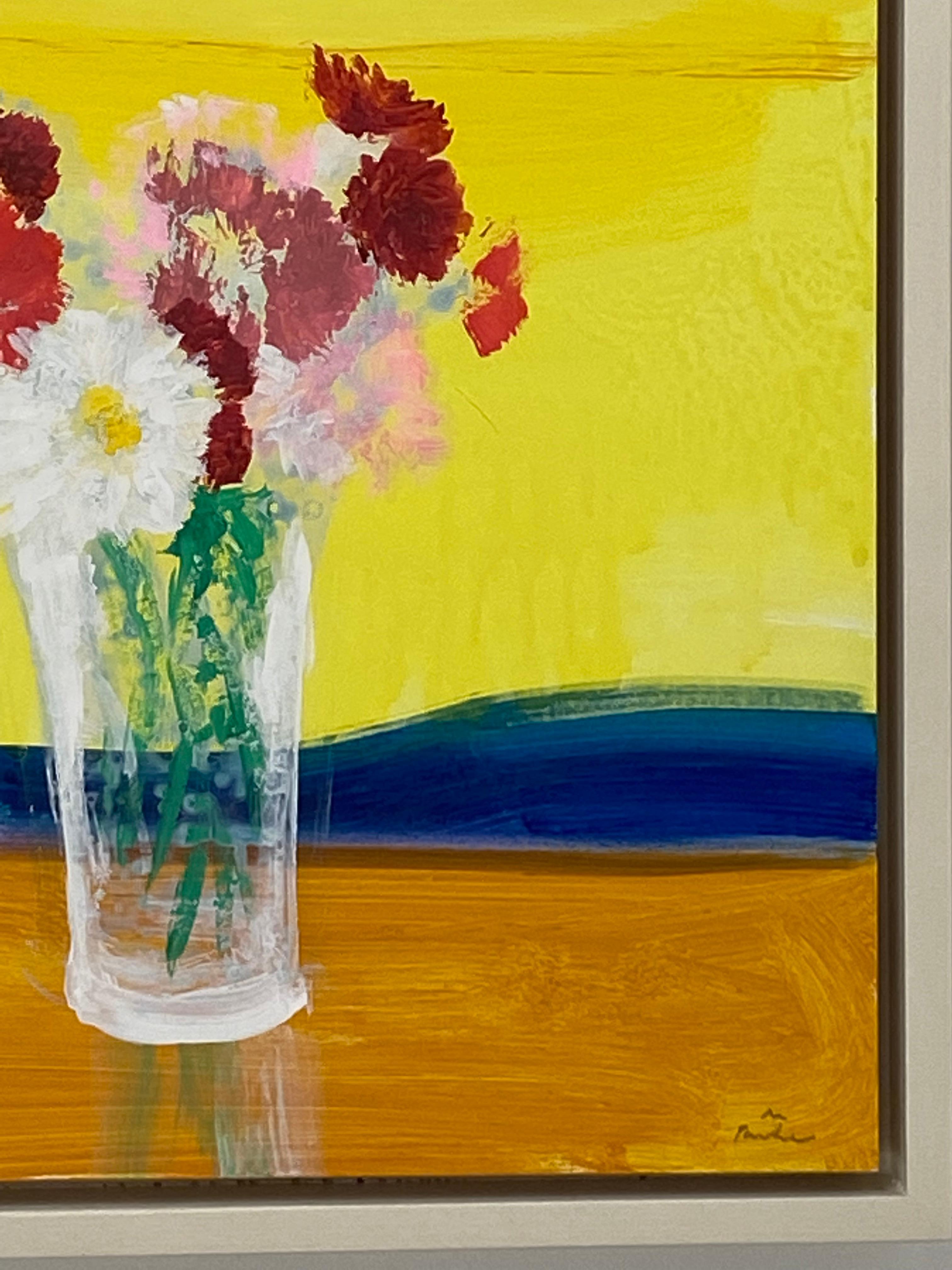 Sunrise Bouquet - Yellow Blue Botanical Still Life Painting Chrysanthemums, 2018 For Sale 7