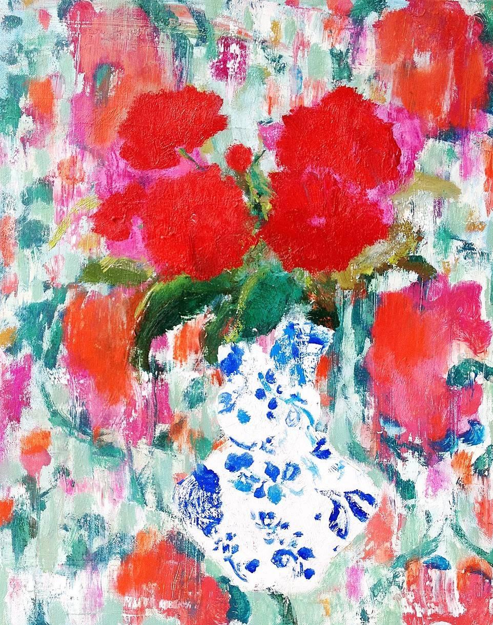 Melanie Parke Still-Life Painting - Suzani and Zinnias, Botanical Still Life with Red Flowers in Blue and White Vase