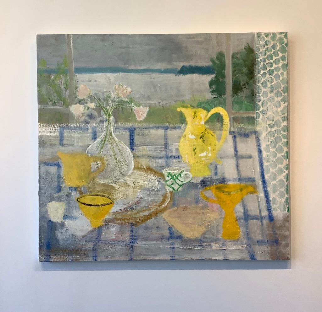 Swan Vase - Lake Landscape Peach Flowers Still Life Green Pine Trees, 2016 - Painting by Melanie Parke