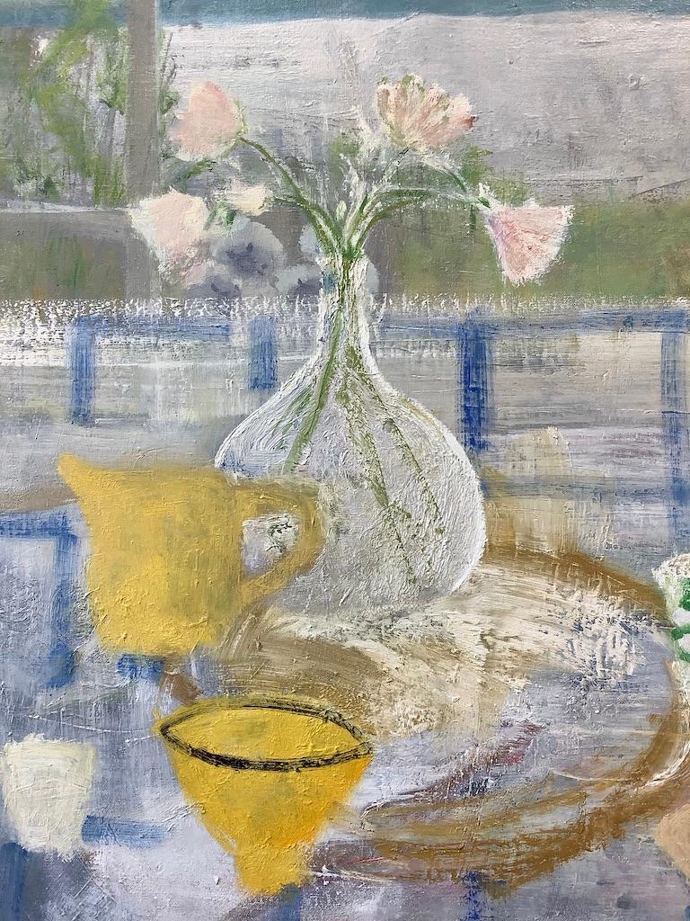 Swan Vase - Lake Landscape Peach Flowers Still Life Green Pine Trees, 2016 For Sale 1
