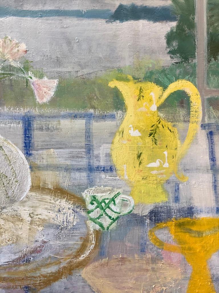 Swan Vase - Lake Landscape Peach Flowers Still Life Green Pine Trees, 2016 For Sale 2