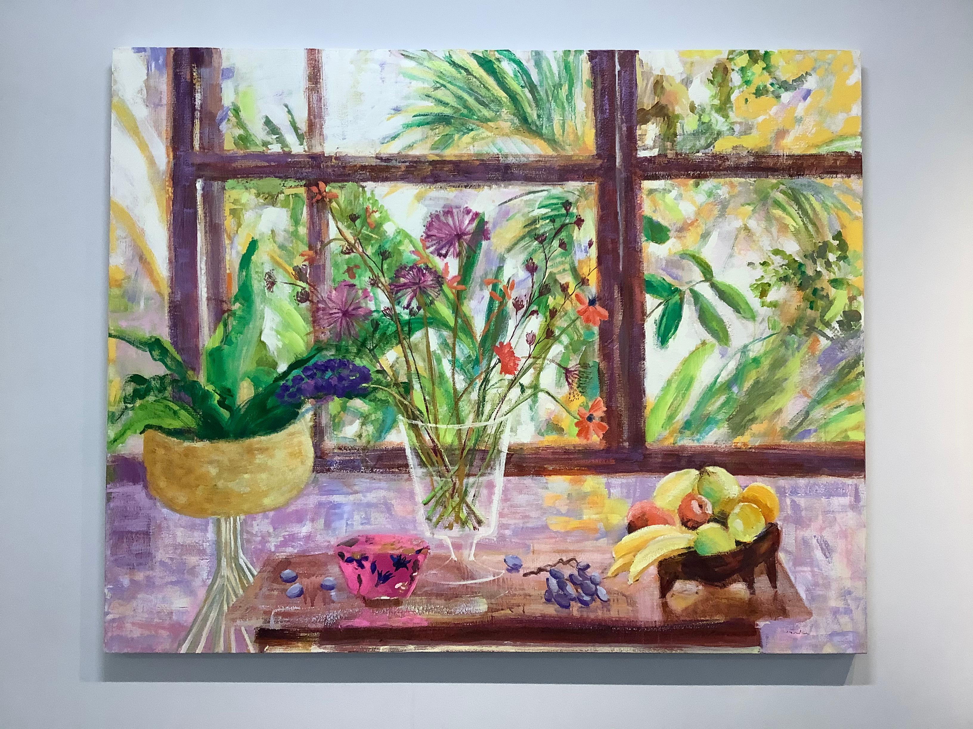 Die Blume meines Geheimnisses, lila, gelbe Früchte, Esszimmer, botanisches Stillleben – Painting von Melanie Parke