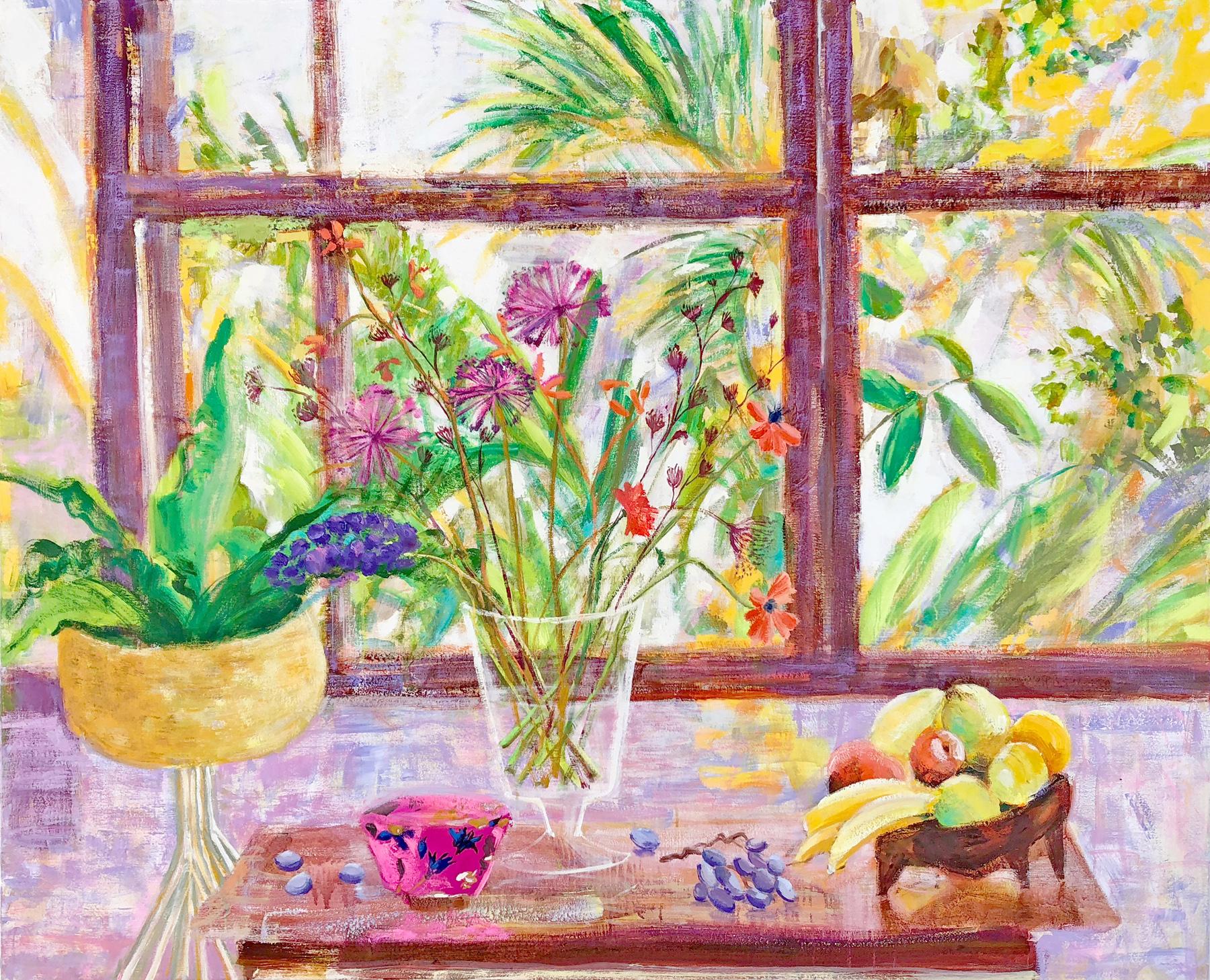 Melanie Parke Interior Painting – Die Blume meines Geheimnisses, lila, gelbe Früchte, Esszimmer, botanisches Stillleben