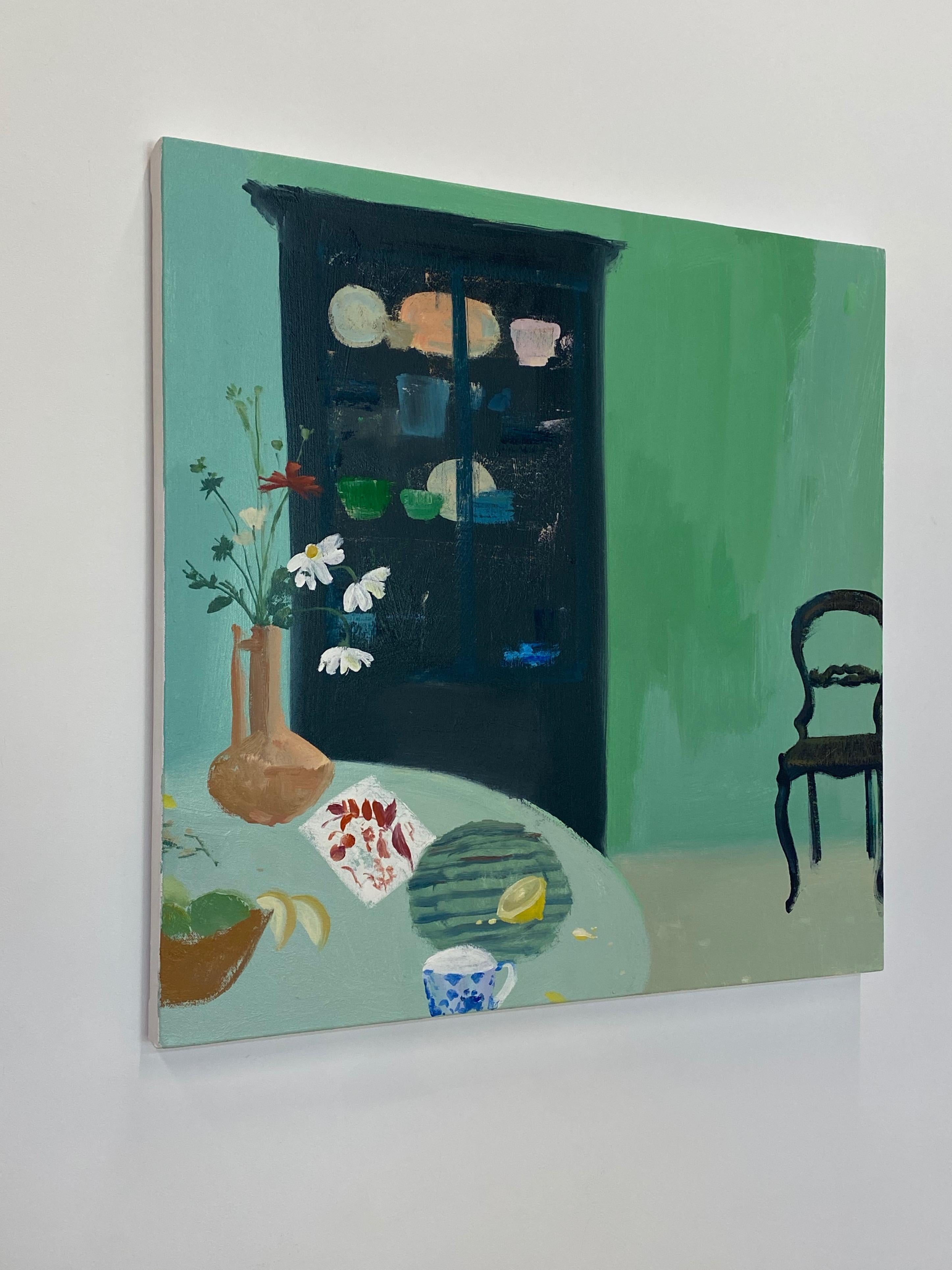 The Margarete, Nature morte, Intérieur, Salle à manger verte, Marguerites, Fruits - Contemporain Painting par Melanie Parke
