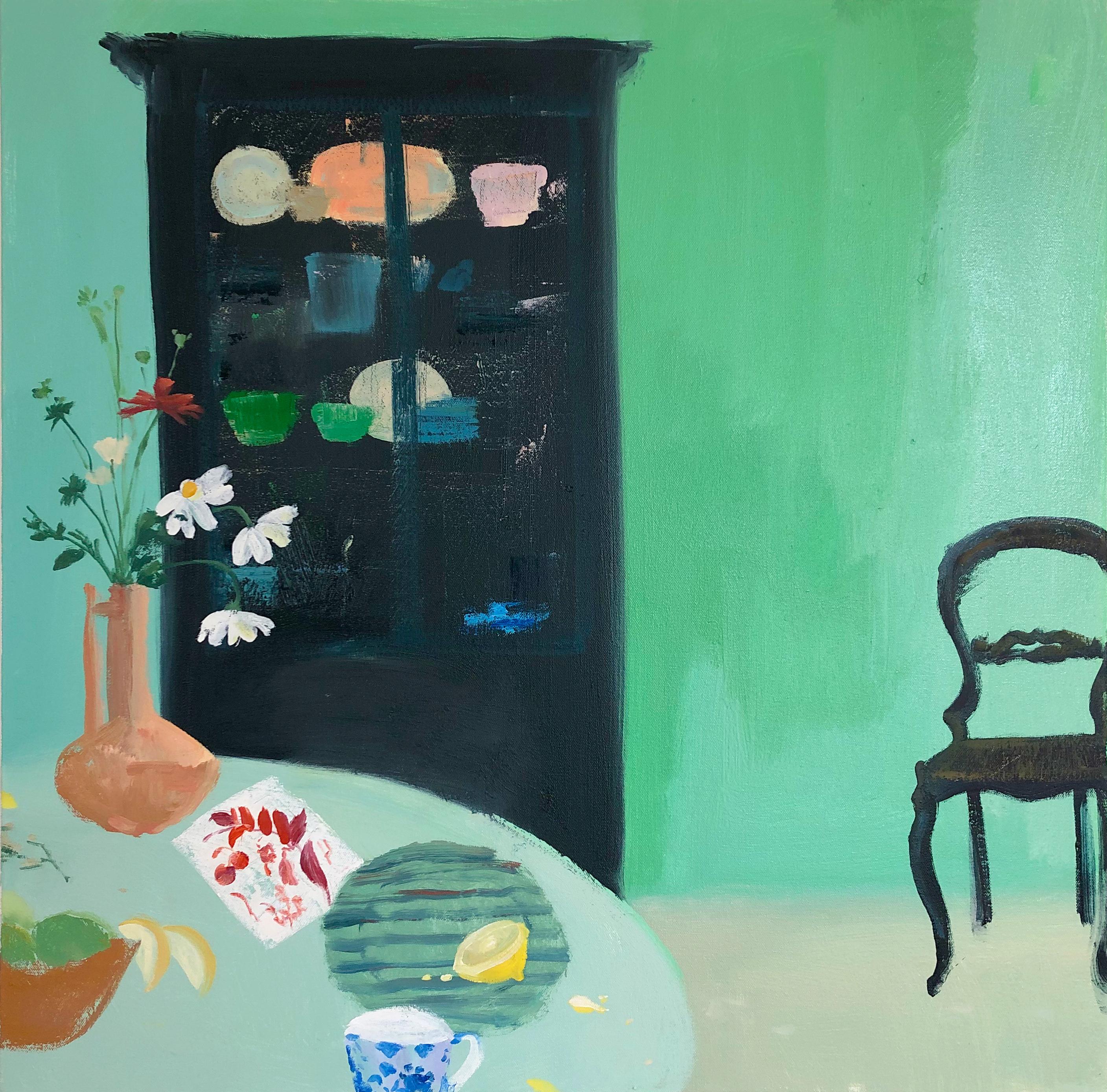 Melanie Parke Still-Life Painting - The Margarete, Still Life, Interior, Green Dining Room, Daisies, Fruit