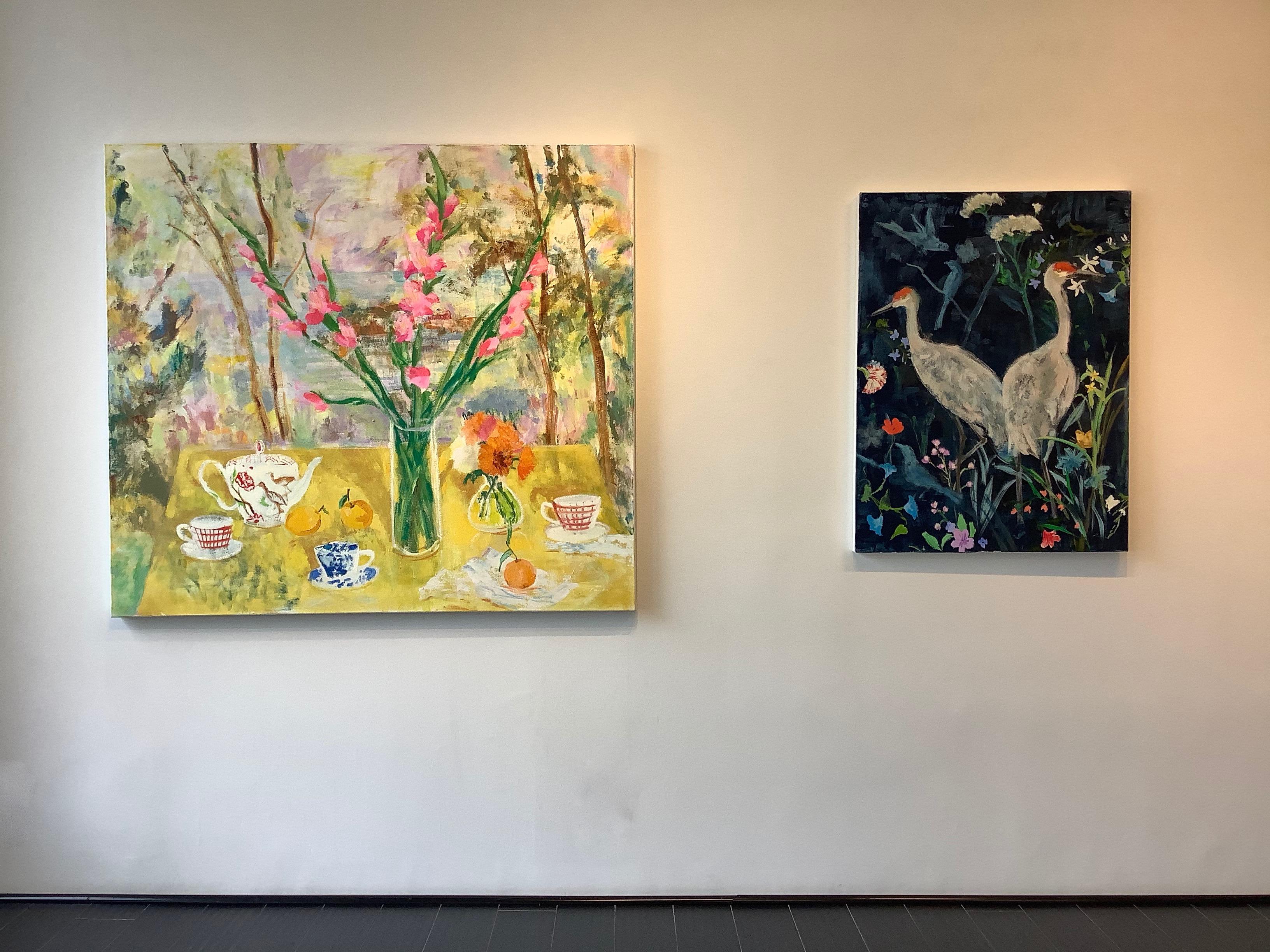 The Philosophy of Tea - Still Life Landscape Pink Flowers Table Forest, 2020 - Contemporary Painting by Melanie Parke