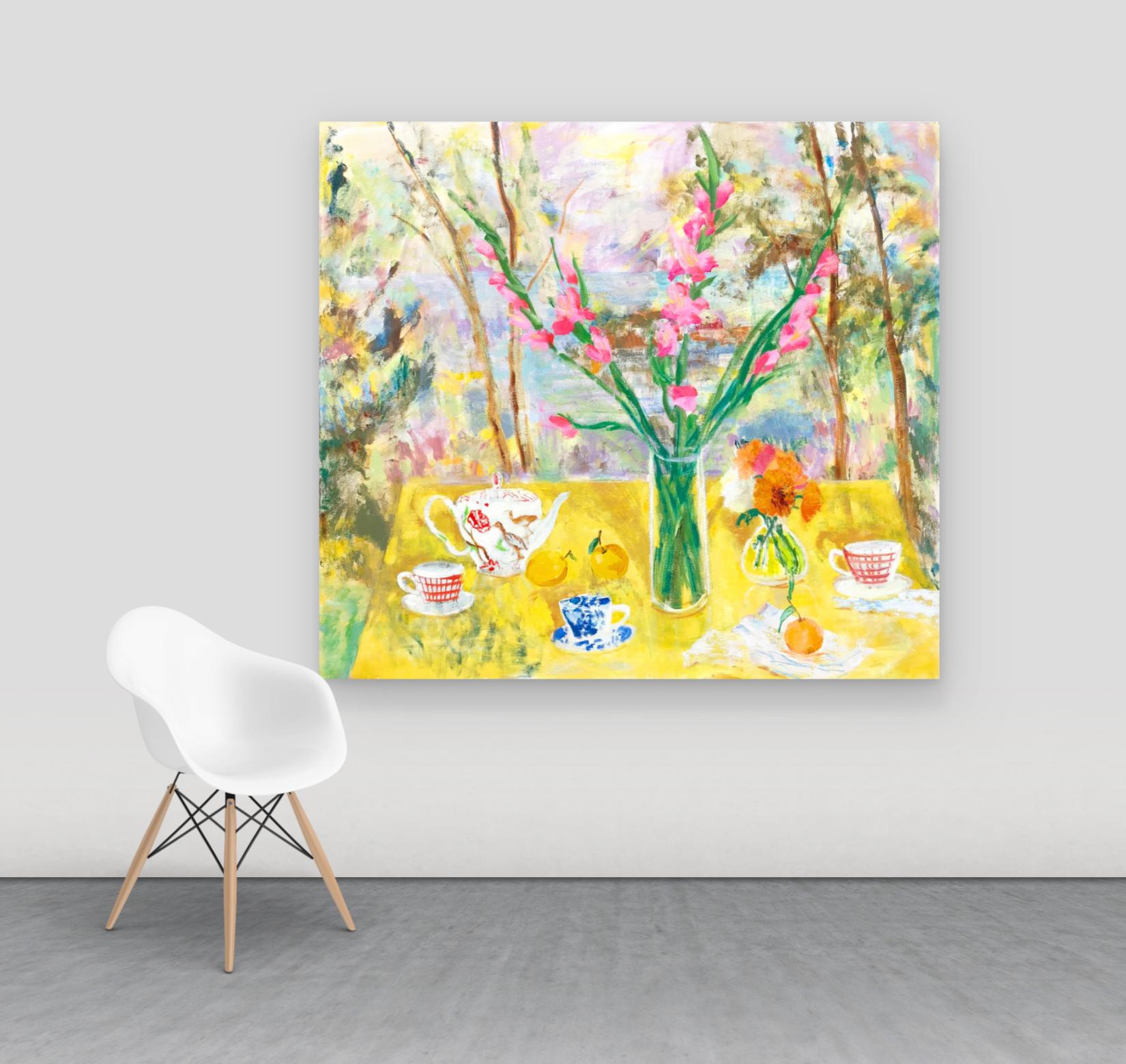 The Philosophy of Tea - Still Life Landscape Pink Flowers Table Forest, 2020 For Sale 4