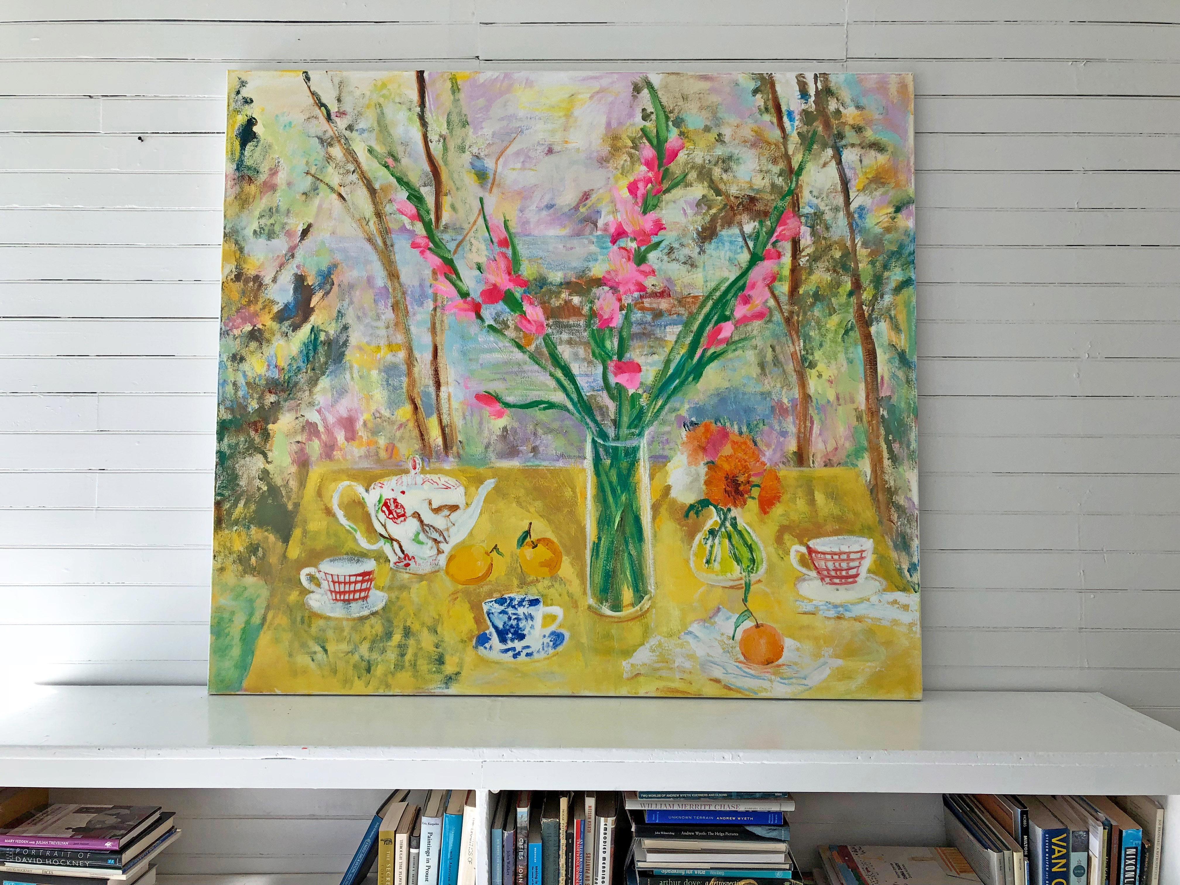 The Philosophy of Tea, Teacups, Yellow, Pink Gladiolus Flowers, Green Forest - Painting by Melanie Parke