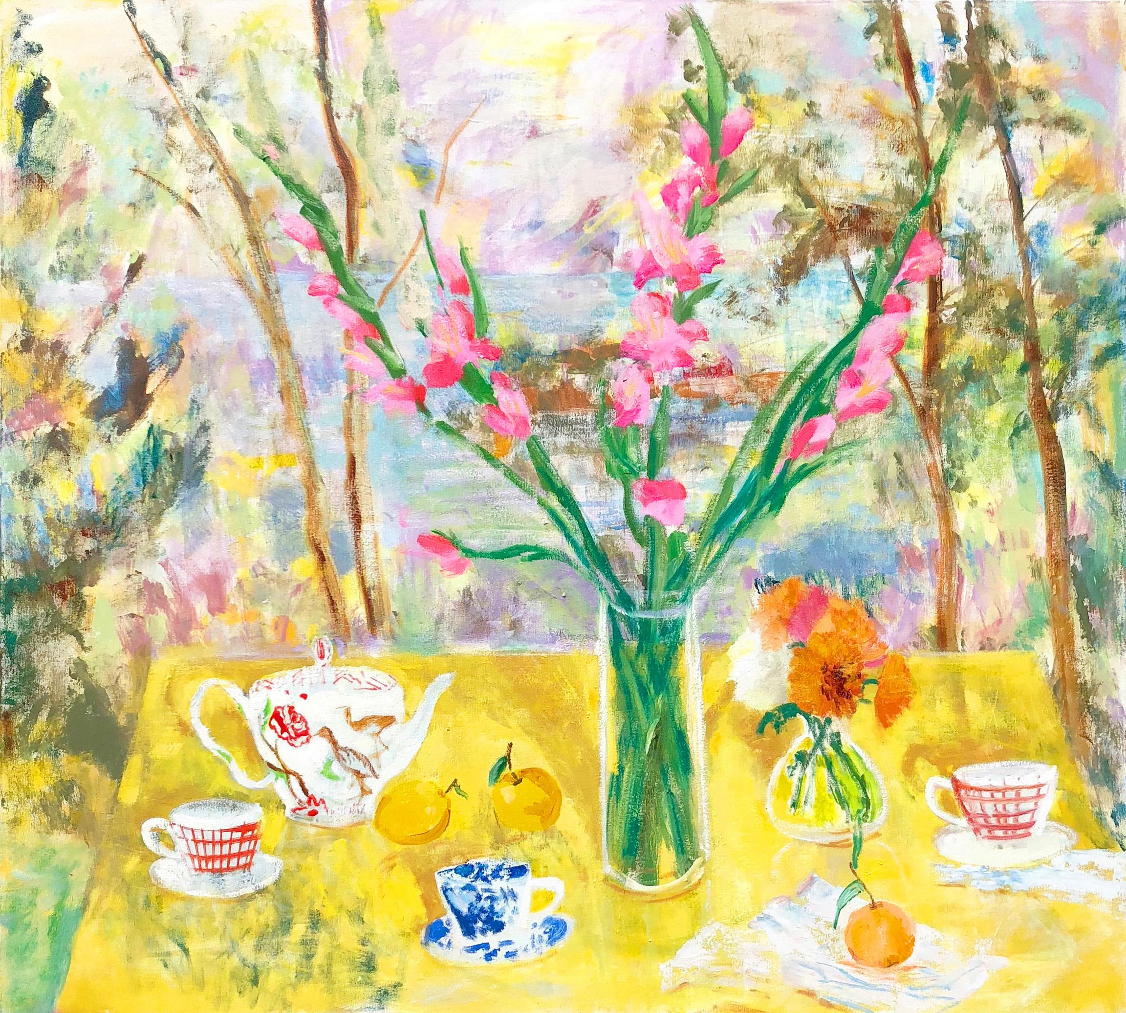 Melanie Parke Still-Life Painting - The Philosophy of Tea, Teacups, Yellow, Pink Gladiolus Flowers, Green Forest